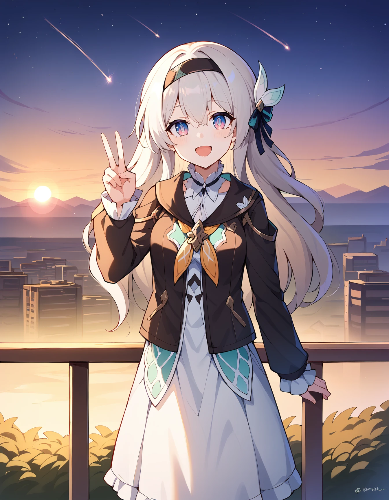 score_9, score_8_up, score_7_up, cityscape, scenery, blue sky, sunrise, night, star \(sky\), science fiction, railing, lens flare, shooting star,
BREAK
source_anime, (osiimi, aztodio:0.5), (niliu chahui:0.35), (asura \(asurauser\):0.2),
BREAK
(1girl, solo, solo focus), fireflydef, grey hair, long hair, jacket, dress, hair ornament, hairband, happy,
looking at viewer, hand up, v,
<lora:Firefly-v2.5.3-PDXL:1>