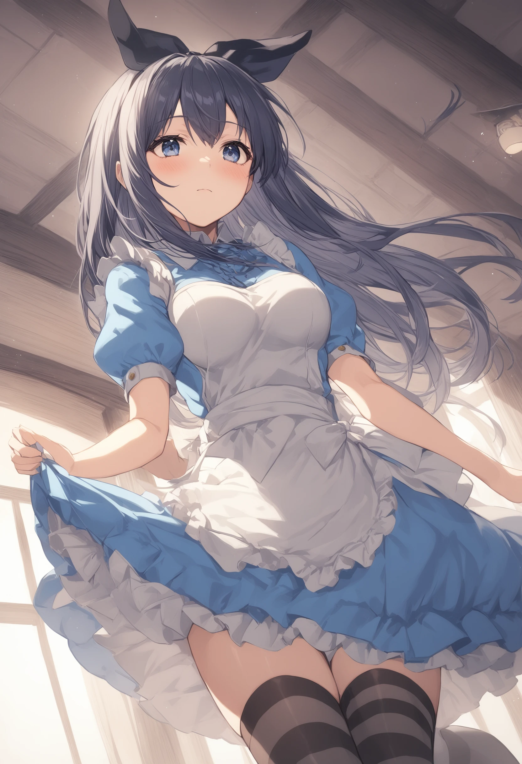 1girl, <lora:sdxl2-flat2-512b:-1>,medium breasts,solo,
<lora:alicecosXLv2:0.8>,alicecos,thighhighs,legwear,hair ribbon, blue dress,short sleeves, frills apron,  puffy short sleeves,
ceiling, cinematic angle, looking up, disdain, town, closed mouth,
best quality,medium quality,