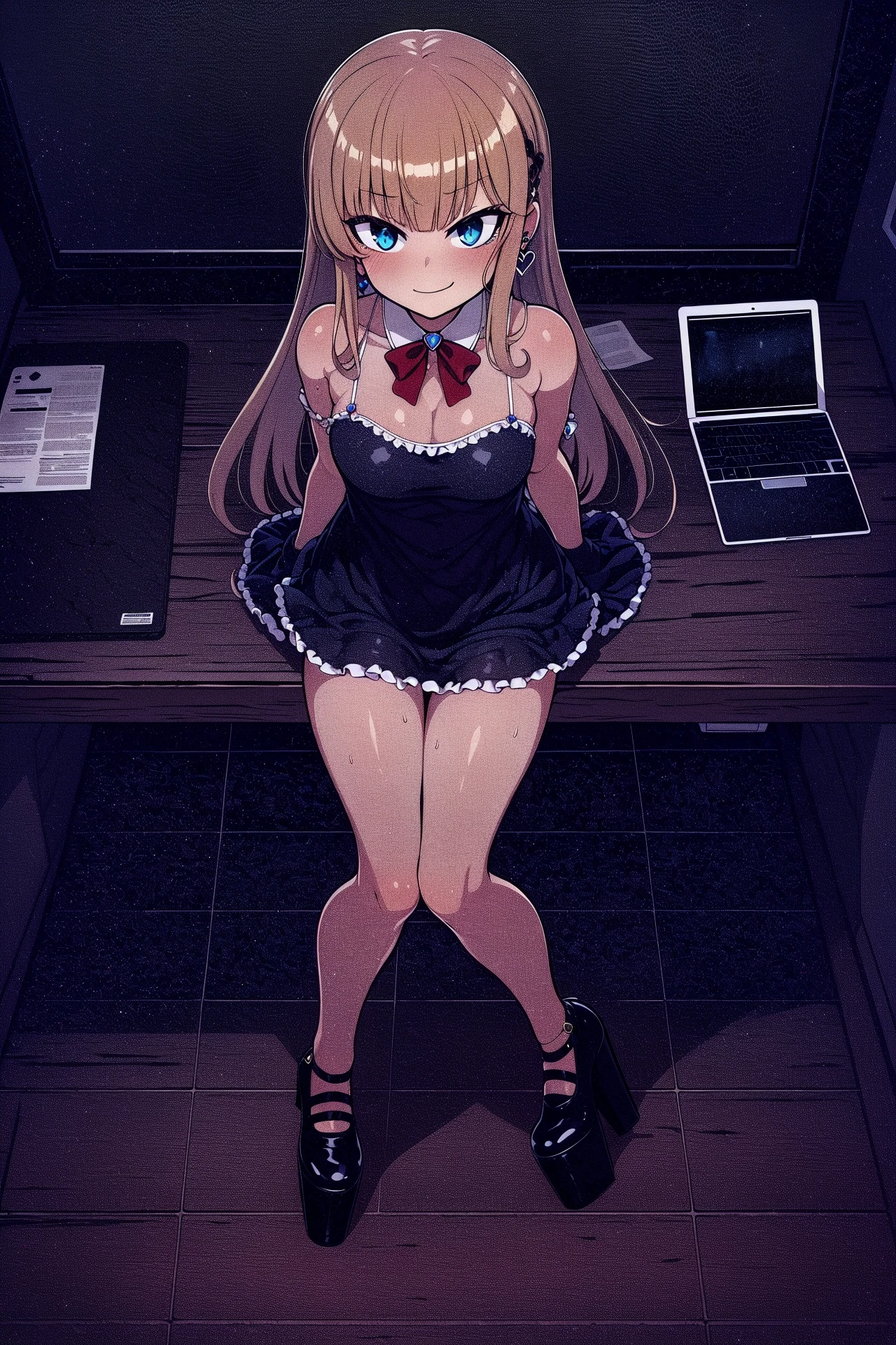 <lora:null+CF2-000010:0.9> null+, (masterpiece, top quality, extremely detailed, best quality, beautiful and aesthetic:1.2), (1girl:1.3), official art, high resolution, surreal,, from above, full body, office, cubicle, computers, papers, indoors, leaning on object, hazel hair, long hair, crossed bangs, amber eyes, pale skin, camisole, strap slip, miniskirt, (platform shoes), medium breasts, smirk, heart earrings, sad