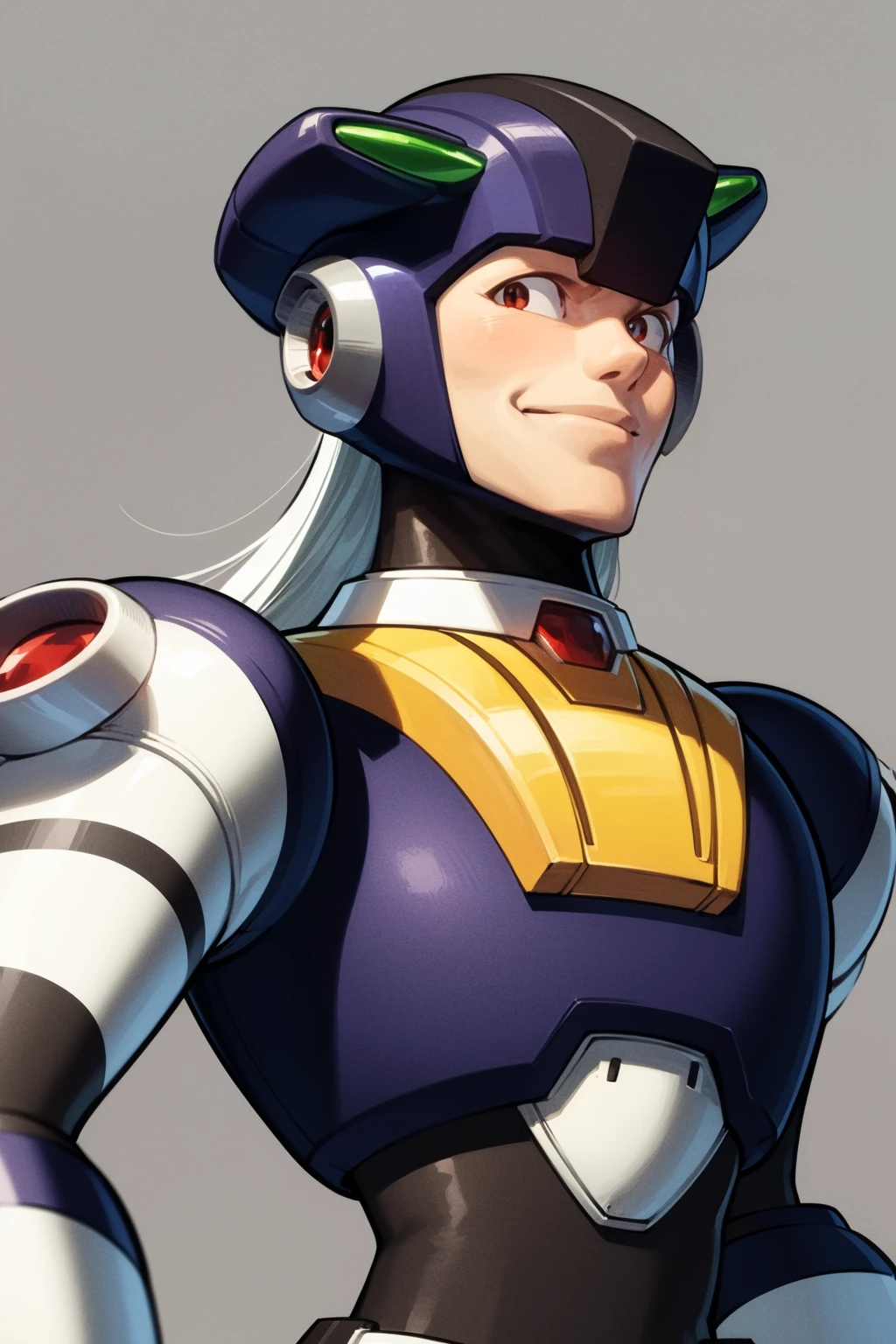 masterpiece, best quality,
1boy, dynamo, helmet, android, armor, robot, long hair,
evil smile, smile, upper body, solo, looking at viewer, simple background, solid grey background <lora:Dynamo:1>
