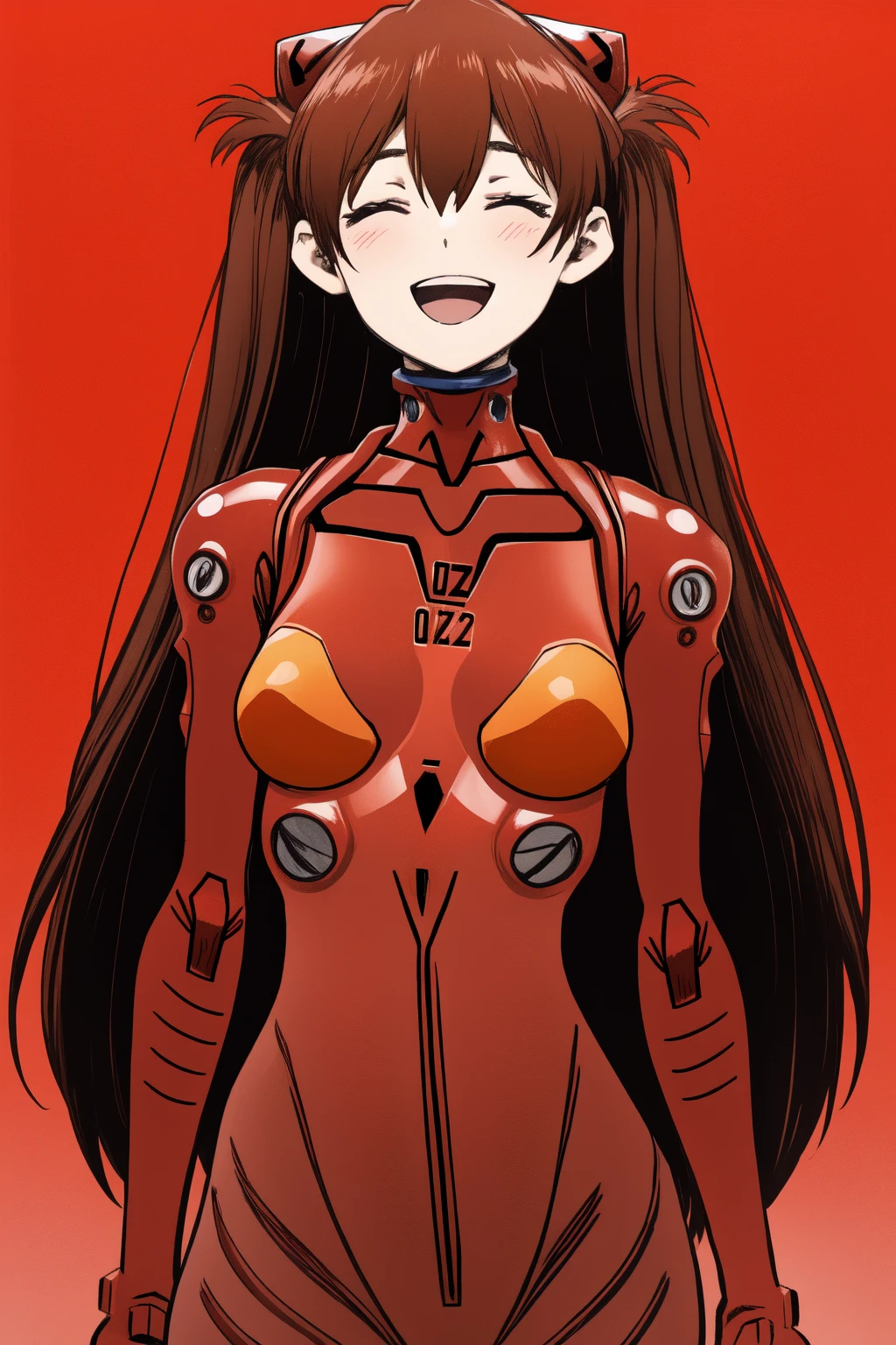 masterpiece,  best quality,  1girl,  solo,  upper body,  :d,  closed eyes,  happy,  asuka langley soryu,  (souryuu asuka langley:1.2),  long hair,  bangs,  brown hair,  hair ornament,  bodysuit,  pilot suit,  plugsuit,  (red bodysuit:1.5),  interface headset