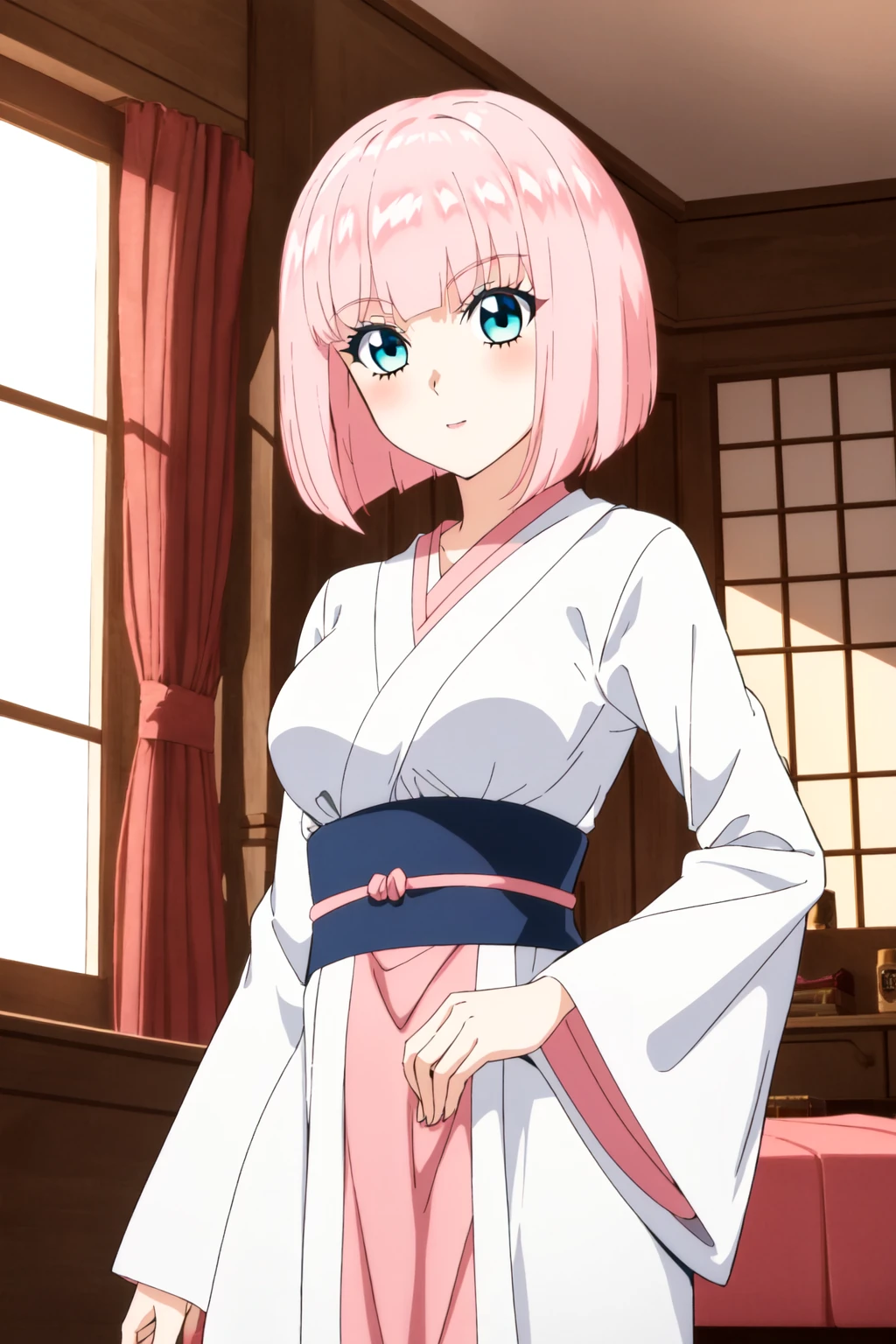 rishe, 1girl, solo, pink hair, breasts, blue eyes, looking_at_viewer, long sleeves, bob cut, robe, indoors,