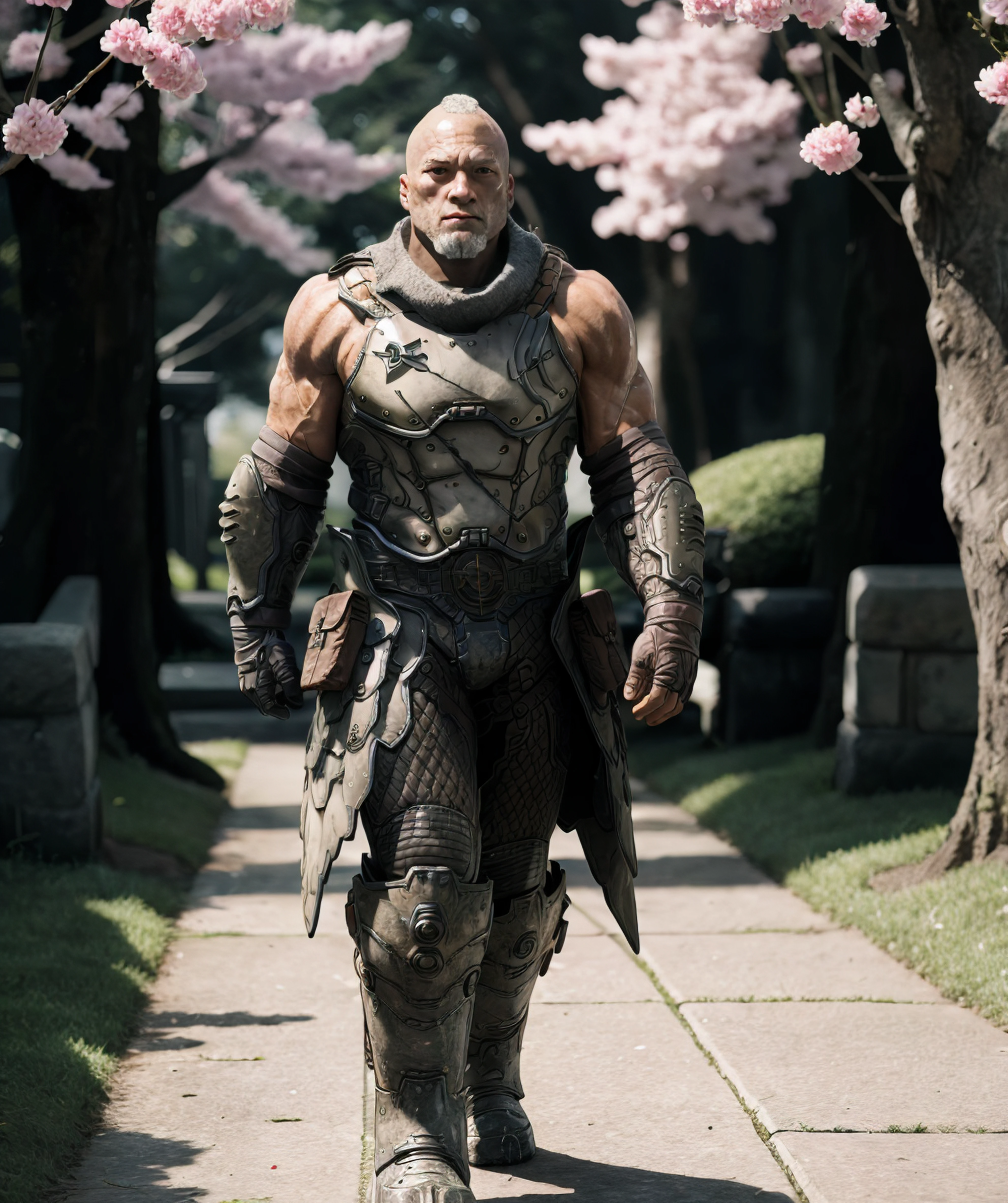 <lora:Valen:0.8> commander_valen, looking at viewer, sunny, muscular, walking, sakura tree