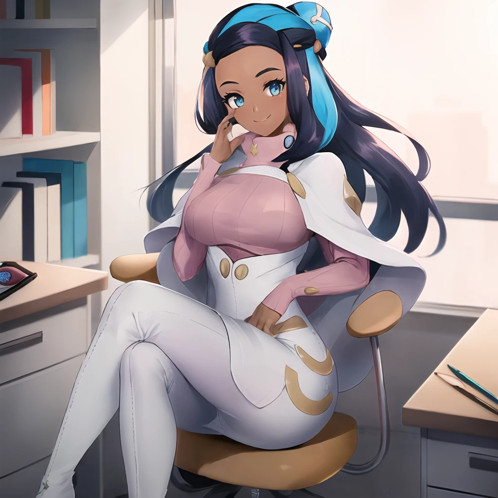 masterpiece, best quality, highly detailed, 1girl, solo, <lora:nessa_pokemon:0.8> (nessa_pokemon:1.3),
dark-skinned female, dark skin, blue eyes, aqua eyes, long hair, black hair, blue hair, aqua hair, multicolored hair, two-tone hair, hair bun, single hair bun, eyeshadow, seductive smile,
sitting, office, desk, chair
<lora:wicke_outfit-10:1> (wicke_outfit:1.4), capelet, white capelet, sweater, pink sweater, ribbed sweater, turtleneck, white skirt, high-waist skirt, high heels, boots, (white boots:1.3), pencil skirt
