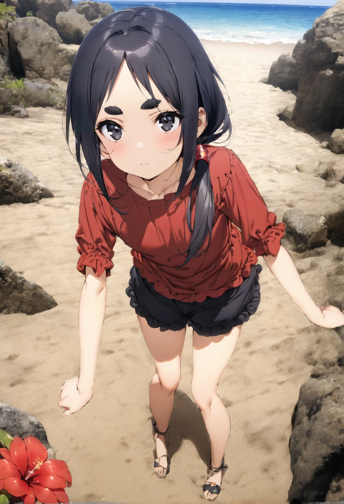 (masterpiece, best quality:1.2), 1girl, solo, black hair, low ponytail. long hair, black eyes, thick eyebrows, small breasts, black bloomers, red shirt, head ornament, red flower chocker, cowboy shot, full body, outdoors, beach <lora:Chise sdxl_lora:0.9><lora:MeMaXL_V2:0.9>