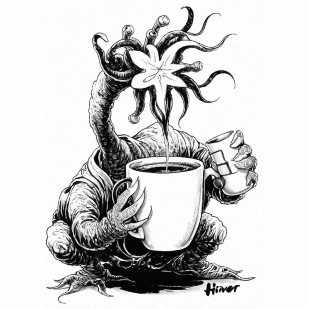 Black and white ink illustration of a Hiver holding a coffee mug