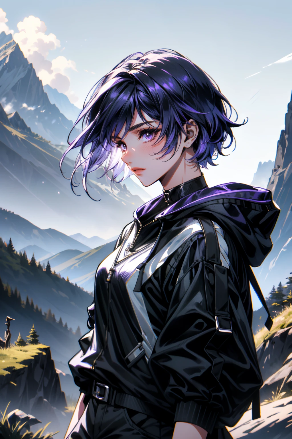 ((ultra detailed, masterpiece, absurdres))
<lora:T8Reina:0.9>
T8Reina, 1girl, short hair, purple hair, multicolored hair, mountain trail, midday, clear and crisp light illuminating the landscape