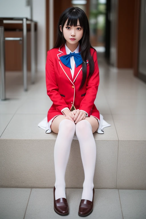 ltra-detailed,highly detailed,best quality,masterpiece,illustration,realistic,photorealistic,
1girl, solo, cosplay, 
sjxf, school uniform, red blazer, ascot, collared shirt, white pleated skirt, 
thighhighs, loafers, 
looking at viewer,full body, sitting, 
simple background, 
<lora:sjxf_v1_06:0.6>