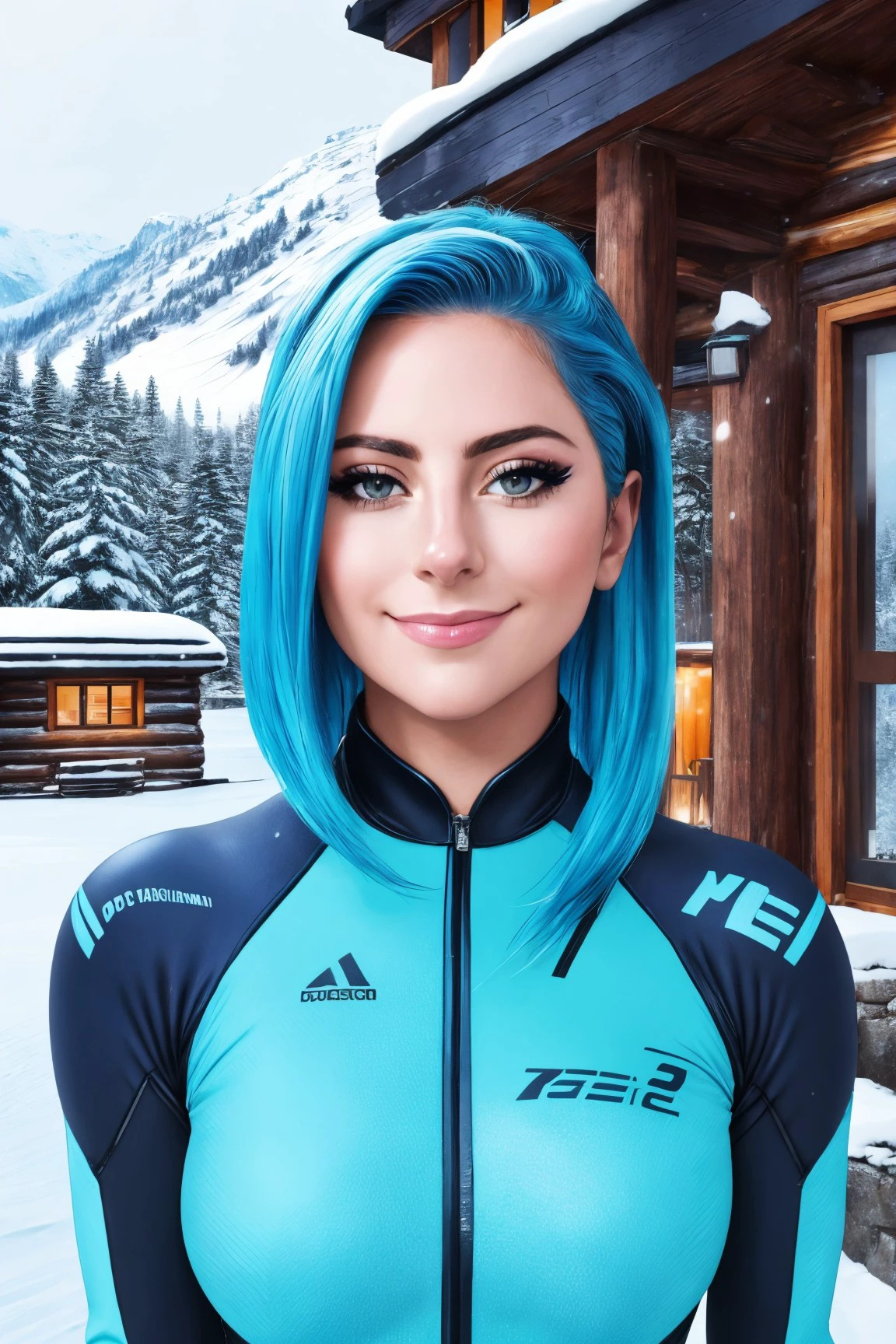 rana vadel middle shot close up, upper body, blue hair, young, makeup, smile,
beautiful face, masterpiece, highres, realistic,
bikesuit,
Cozy mountain cabin and snowfall,
 <lora:rana_vadel:0.85>