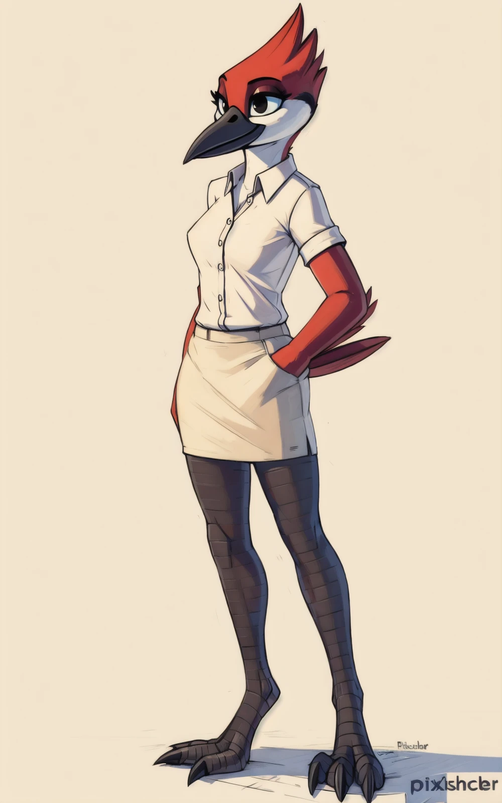 8k,4k,((Best quality, masterpiece, ultra high resolution)),((full body, by pixelsketcher)),  <lora:MargaretSmith:0.87>,MargaretSmith,beak,talons, bird,winged arms, bird legs,feathers,red feathers,black eyes, skirt, shirt,beige shirt, beige skirt,short sleeves,pocket, collared shirt, breast pocket,white background, black feathers,barefoot,slim,skinny,smile,makeup