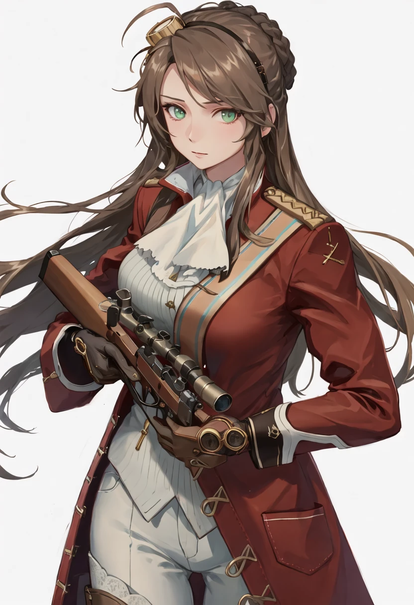 best quality, masterpiece, highres, solo, {lee_enfield_girlsfrontline:0.90}, 1girl, white_gloves, military_uniform, holding_gun, looking_at_viewer, closed_mouth, red_coat, simple_background, white_pants, bolt_action, scope, white_background