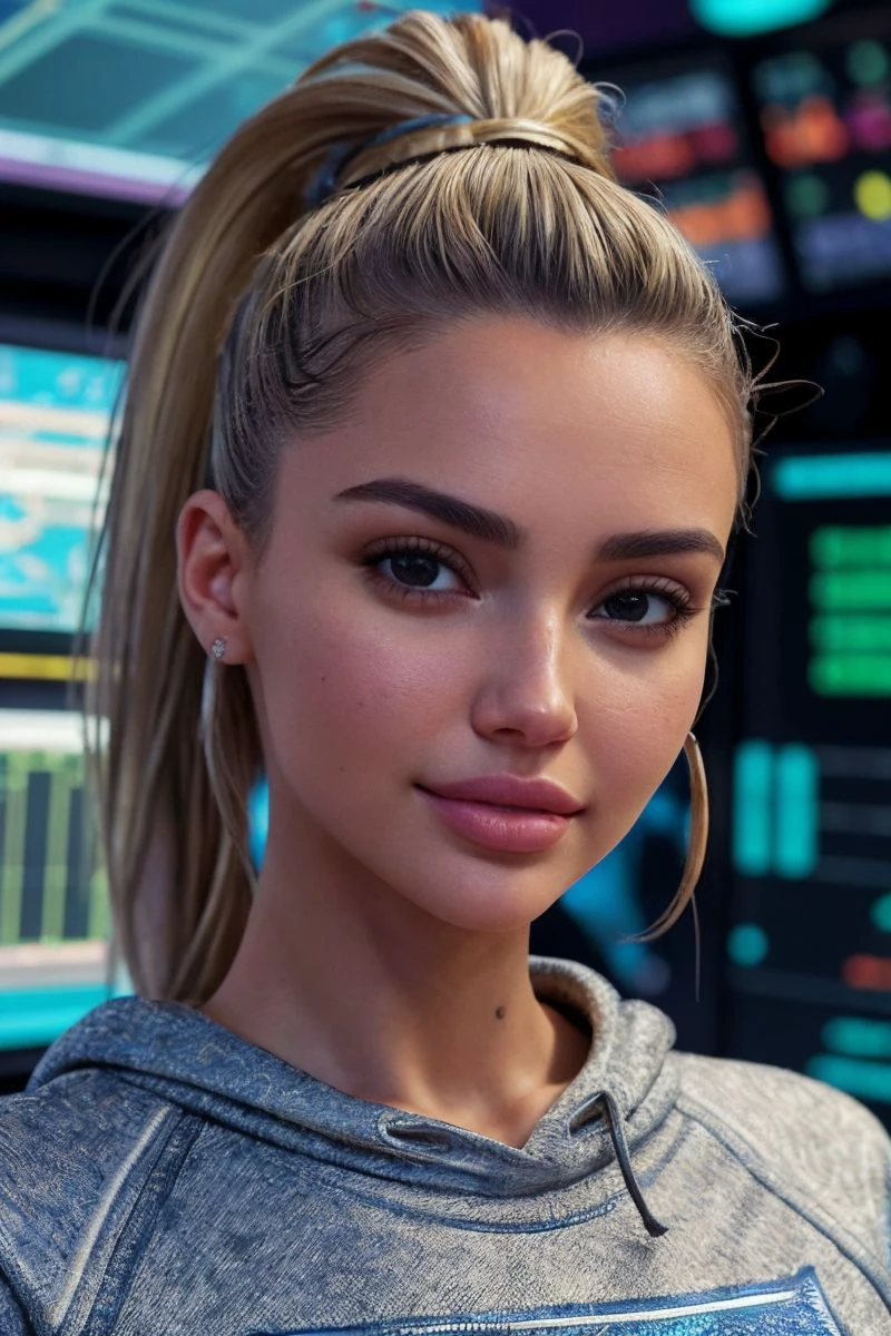 headshot of S043_MaryNabokova_v2,a stylish woman,in a (control-room:1.1),wearing a (sweatshirt:1.1),(ponytail),(4k, RAW photo, best quality, depth of field, ultra high res:1.1),(absurdres, intricate, photorealistic, masterpiece, ultra-detailed:1.1),