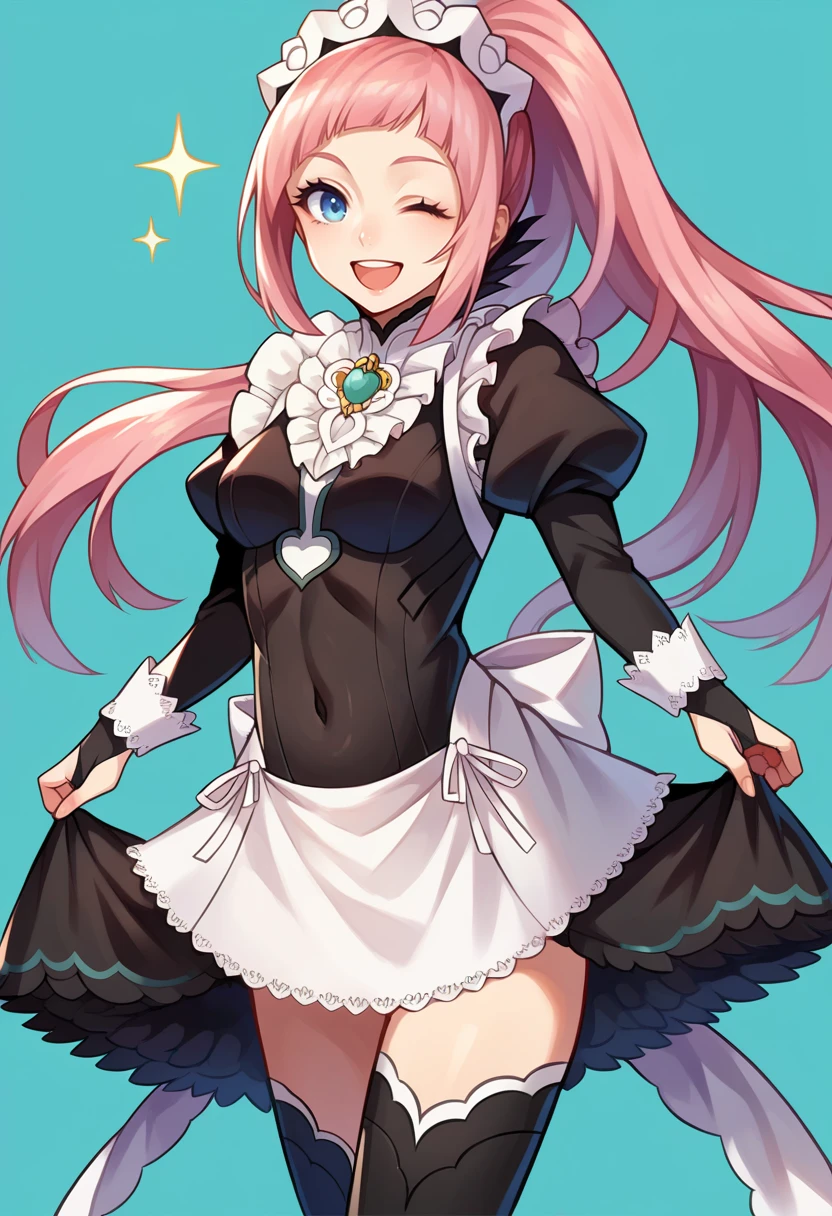 score_9, score_8_up, score_7_up, source_anime BREAK 1girl, <lora:felicia-fe-richy-v1_xl:1> feliciadef, pink hair, ponytail, blue eyes, maid headdress, brooch, maid apron, black thighhighs, bridal gauntlets, smile, looking at viewer, one eye closed, one eye open, wink, open mouth, simple background, wink, blue background, cowboy shot, zettai ryouiki, thighs, covered navel, sparkle, realistic, fine fabric emphasis, skirt lift, lifted by self, curtsey