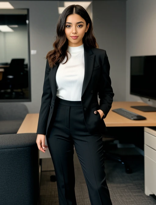 full body shot of business photo of a portrait of haven2hot, pants, black attire, <lora:haven2hot:1.2>. Professional attire, workplace setting, confident. Whole outfit, clear, sharp, balanced<lora:lcm-lora-sd15:1.0>