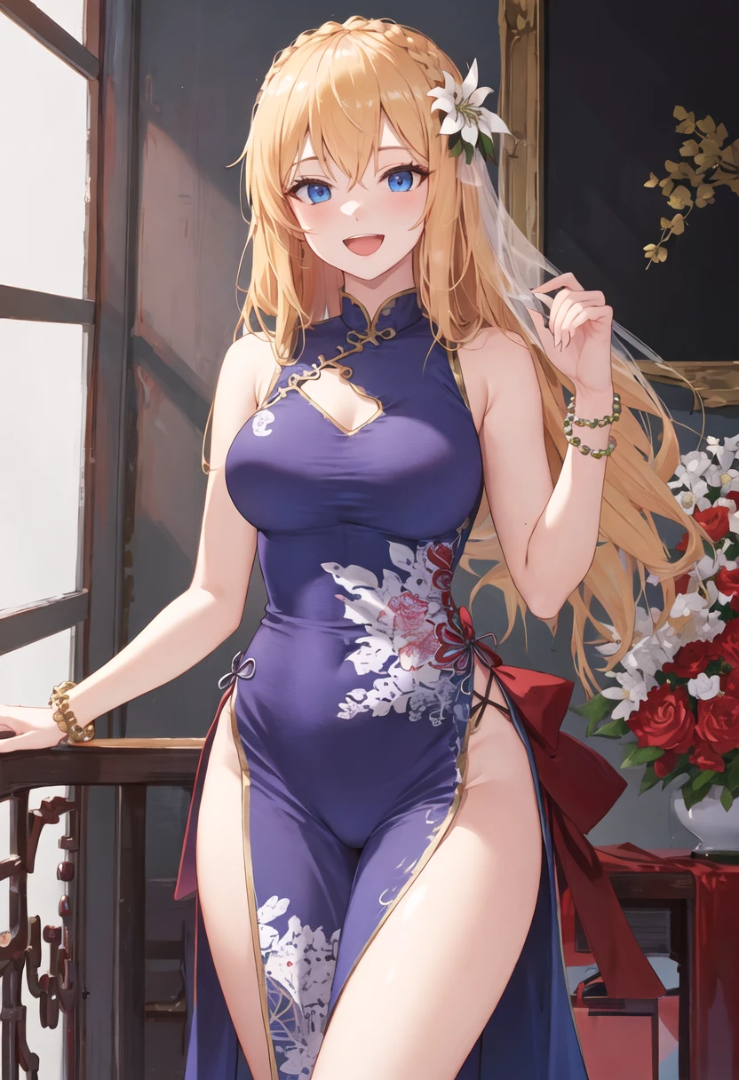 best quality, masterpiece, highres, solo, {mosin_nagant_girlsfrontline:0.90}, bare_shoulders, bead_bracelet, beads, china_dress, chinese_clothes, dress, jewelry, looking_at_viewer, sleeveless, sleeveless_dress, bracelet, smile, medium_breasts, thighs, cowboy_shot, :d, open_mouth
