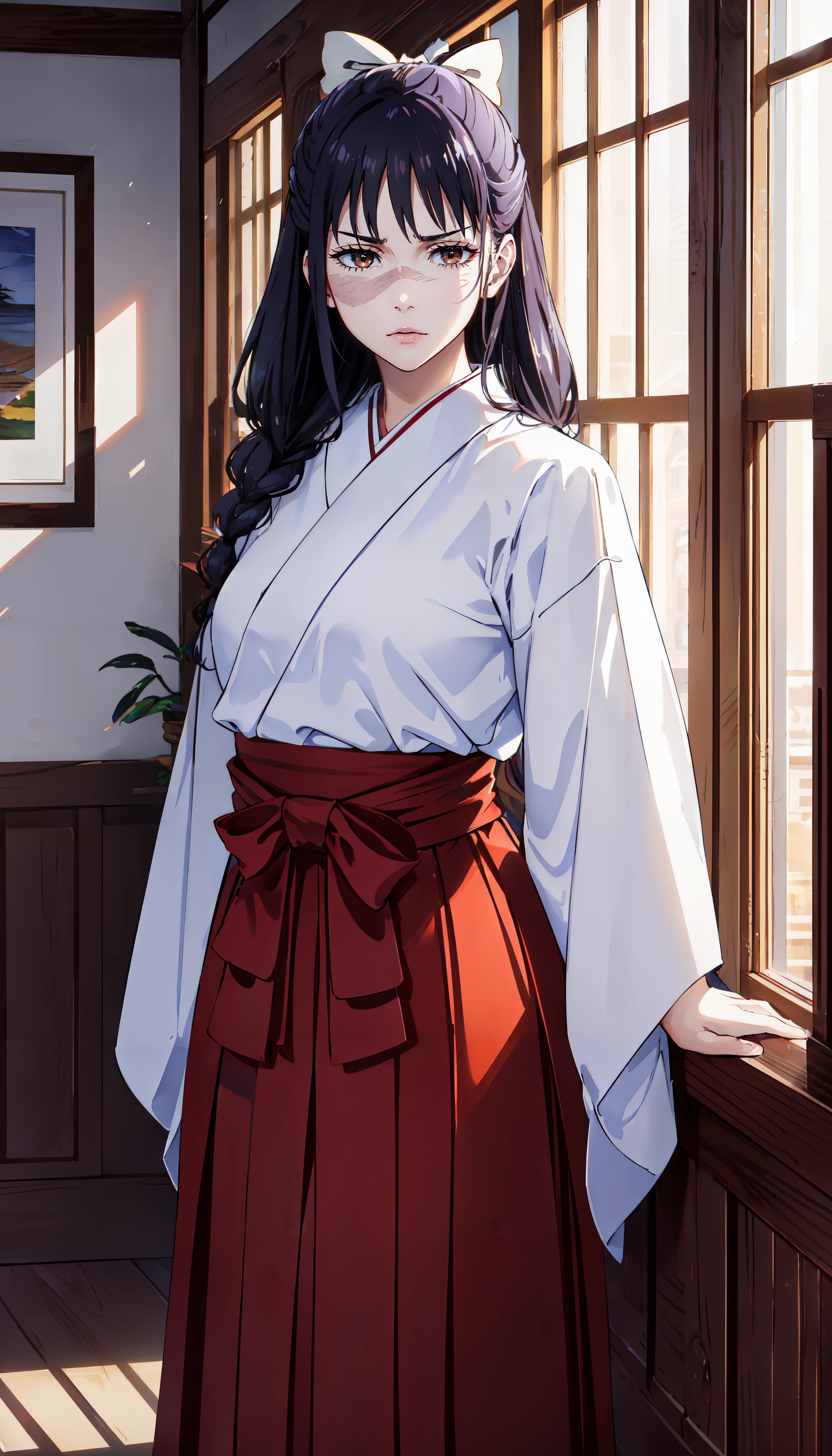 (best quality:1.3), (4k quality),(sharp image), Utahime, ((Detailed face)), ((masterpiece face)),((perfect detailed eyes)) (blush), Utahime, dark hair, long dark tied hair, brown eyes, pink lips, pink lips, sly face, face with stern features, ((detailed face)), perfect face, highly detailed eyes, masterpiece, absurdres , (intricate details), (colorful),cinematic lighting, extremely detailed CG unity 8k wallpaper , 1girl, solo, mature female, erected tits, fit body, cameltoe, white kimono with long red skirt, (tricky glance, wicked smile), living room, ((perfect small erected breast)), ((sitting with spread legs and showing her perfect pussy under the skirt(upskirt))),