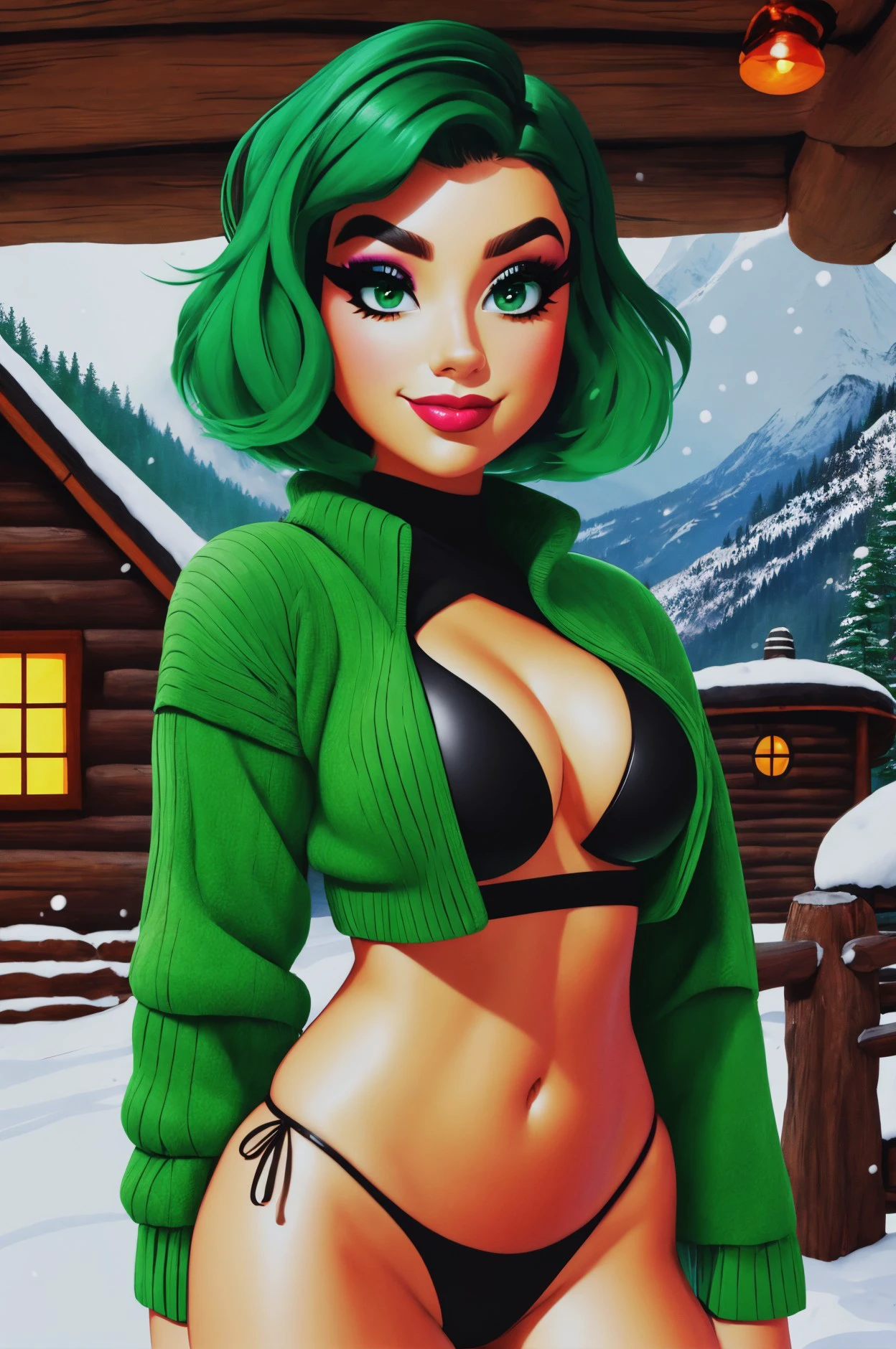 dianna livy standing close up, middle shot, upper body, young, makeup, smiling,
beautiful face, masterpiece, highres, cartoon, pixar, drawing,
reverse bikini armor, (green hair:0.8),
Cozy mountain cabin and snowfall
<lora:dianna_livy:0.80>