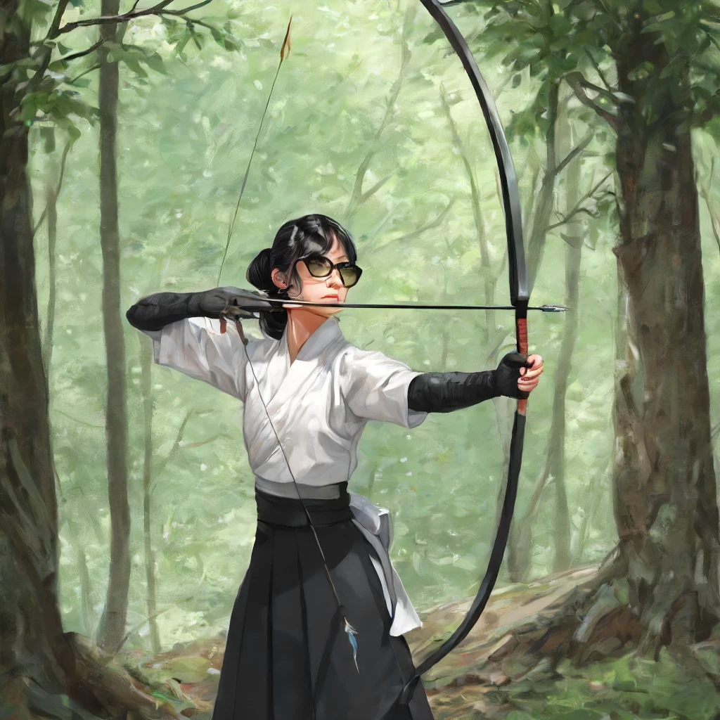 1girl,kai, aiming bow, solo, black hair, gloves, holding, upper body, weapon, male focus, outdoors, japanese clothes, holding weapon, tree, sunglasses, hakama, nature, forest, single glove, bow (weapon), partially fingerless gloves, arrow (projectile), holding bow (weapon), aiming, yugake, holding arrow, drawing bow, archery, kyuudou,<lora:Kyuudou_LoRA:0.5>