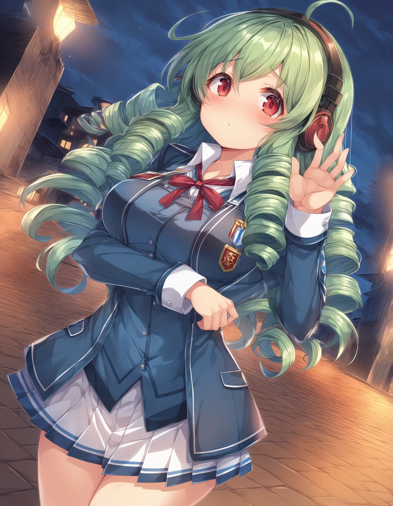 Best Quality, hight resolution, absurderes, Ultra-detailed, Suzuya_(kancolle), 1girl in, long_hair, Skirt, Solo, Shirt, Rain, Wet_Clothes, hair_ornament detached, Wet, breasts, Underwear, pleats_Skirt, See-through, bowtie, Red_Bow、bbw、thick thight、big butts、Ultramammy