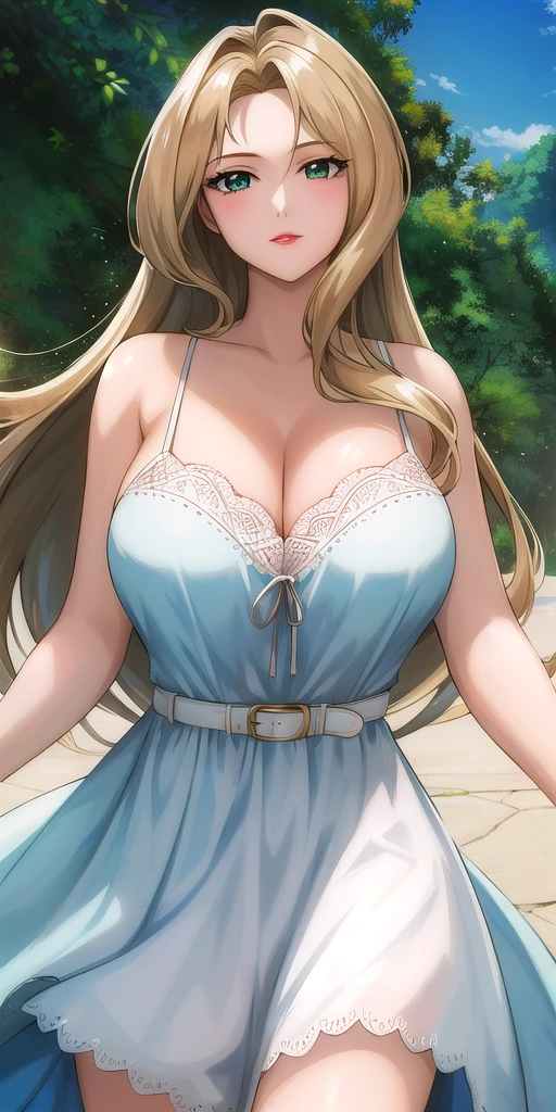 <lora:RexV4:0.7> macross7rex, huge_breasts, standing, solo, sundress, masterpiece, best_quality, detailed_face, detailed_eyes, highres, beautiful, detailed,