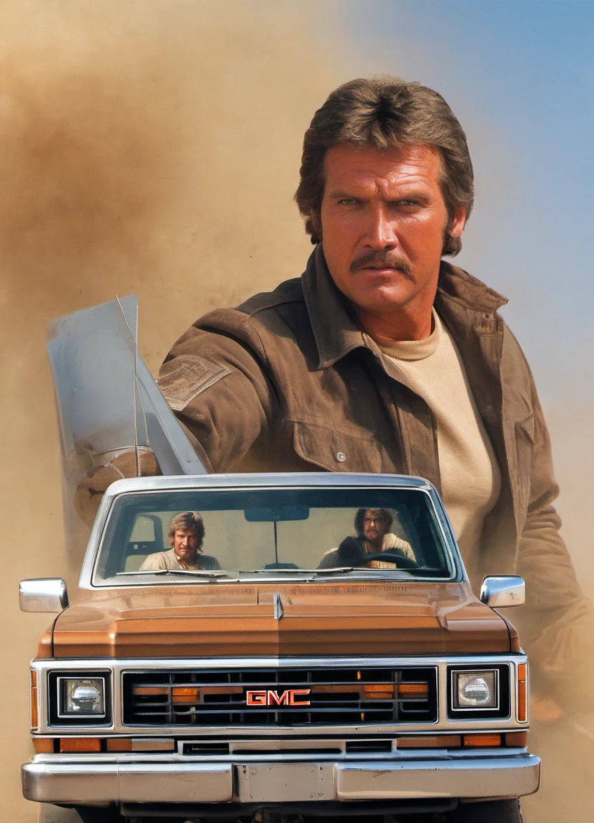 action movie poster straring l11majors, portrait of a 40 years old man driving a brown 1980 GMC K2500 Sierra long bed pickup truck in the background,
<lora:LeeMajors-SDXL-v1:0.8>