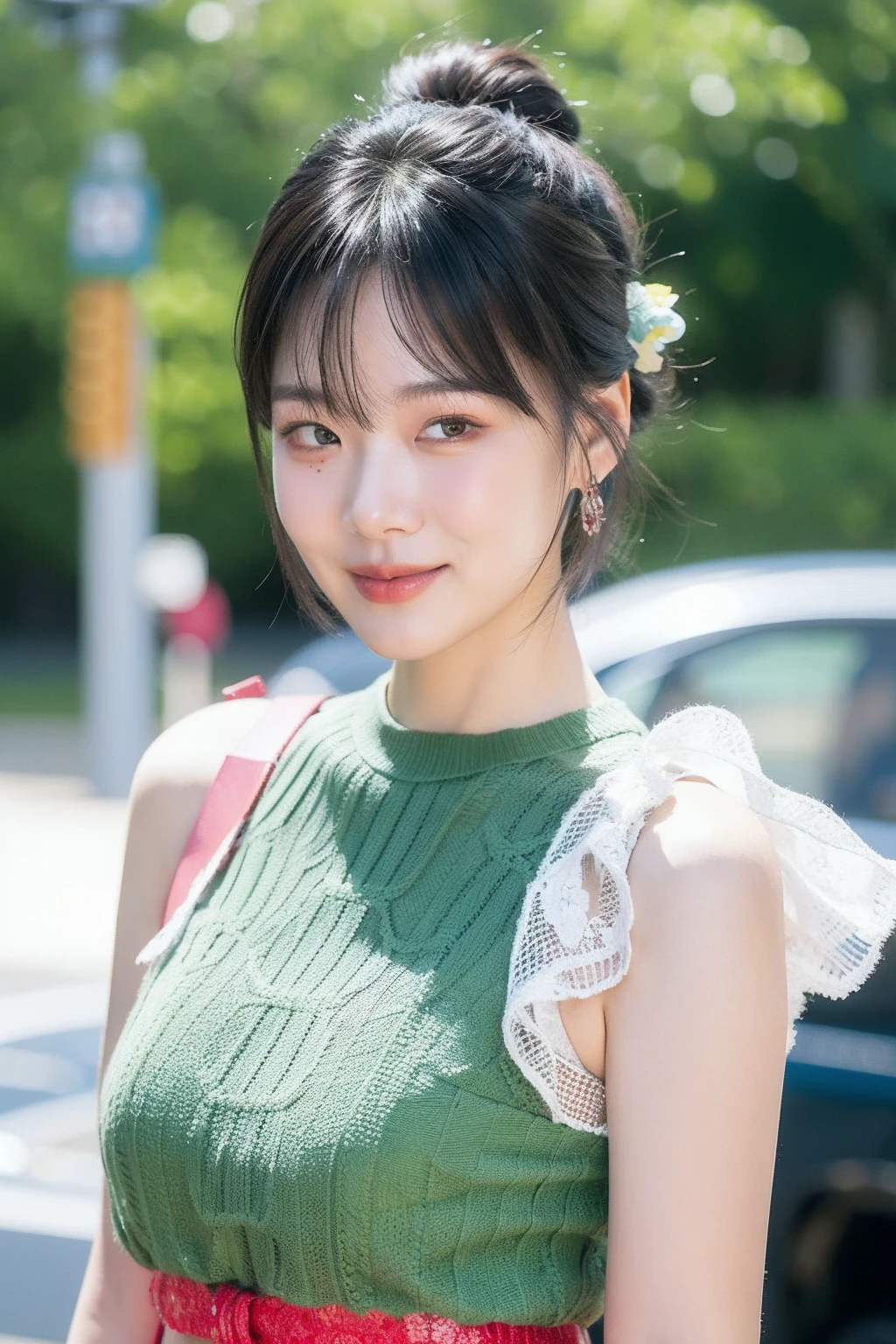 Best quality, masterpiece, ultra high res, (photorealistic:1.4), raw photo,1girl, solo, realistic, looking at viewer, upper body,bokeh background, sleeveless bohemian dress, <lora:makina69_bibi_v1.1:1>, lace, updo hair, (smile:0.6)