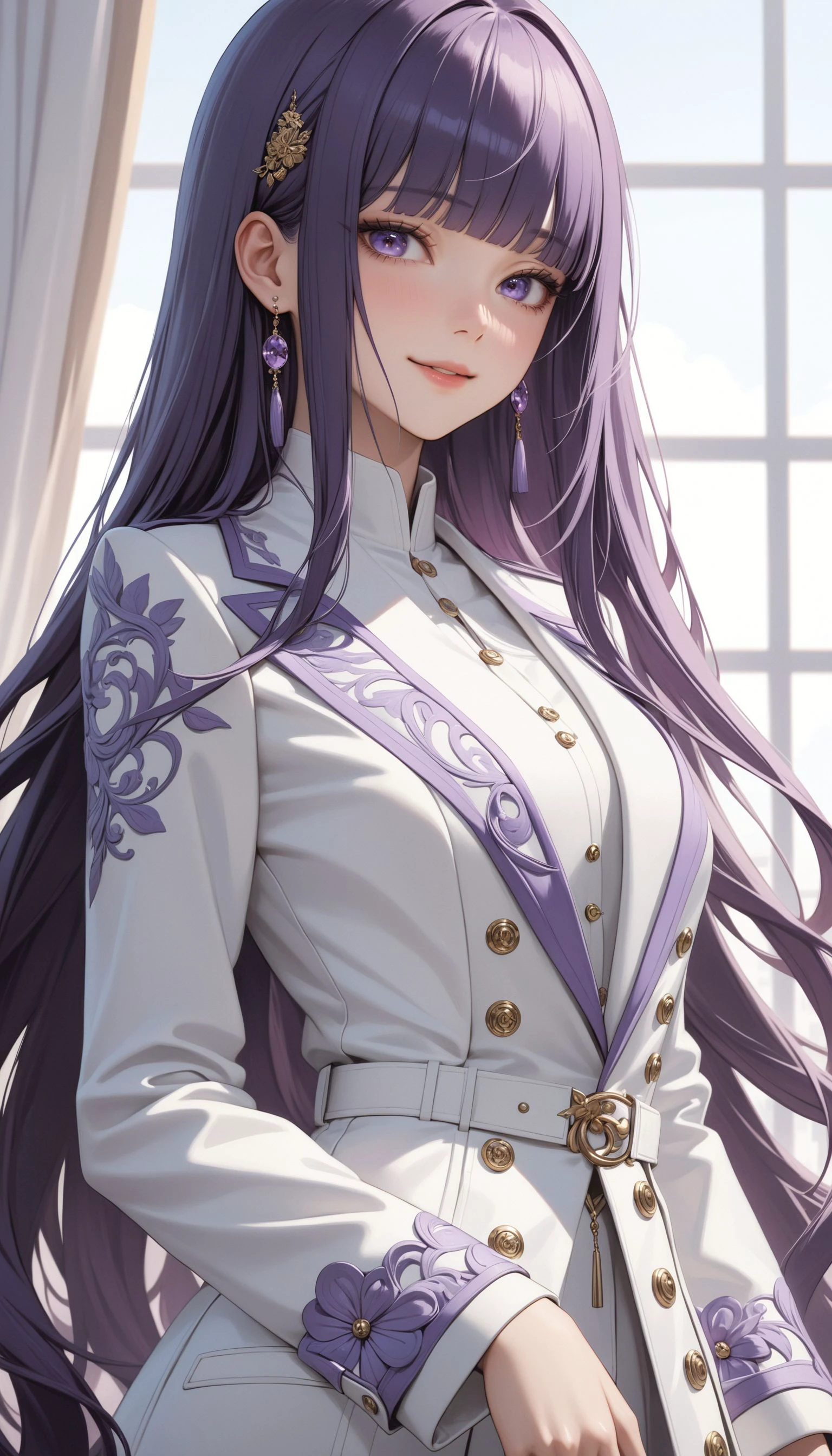 (very aesthetic, best quality, ultra detailed), intricate details,
1girl, purple hair, blunt bangs, purple eyes, white coat, long hair, smile,