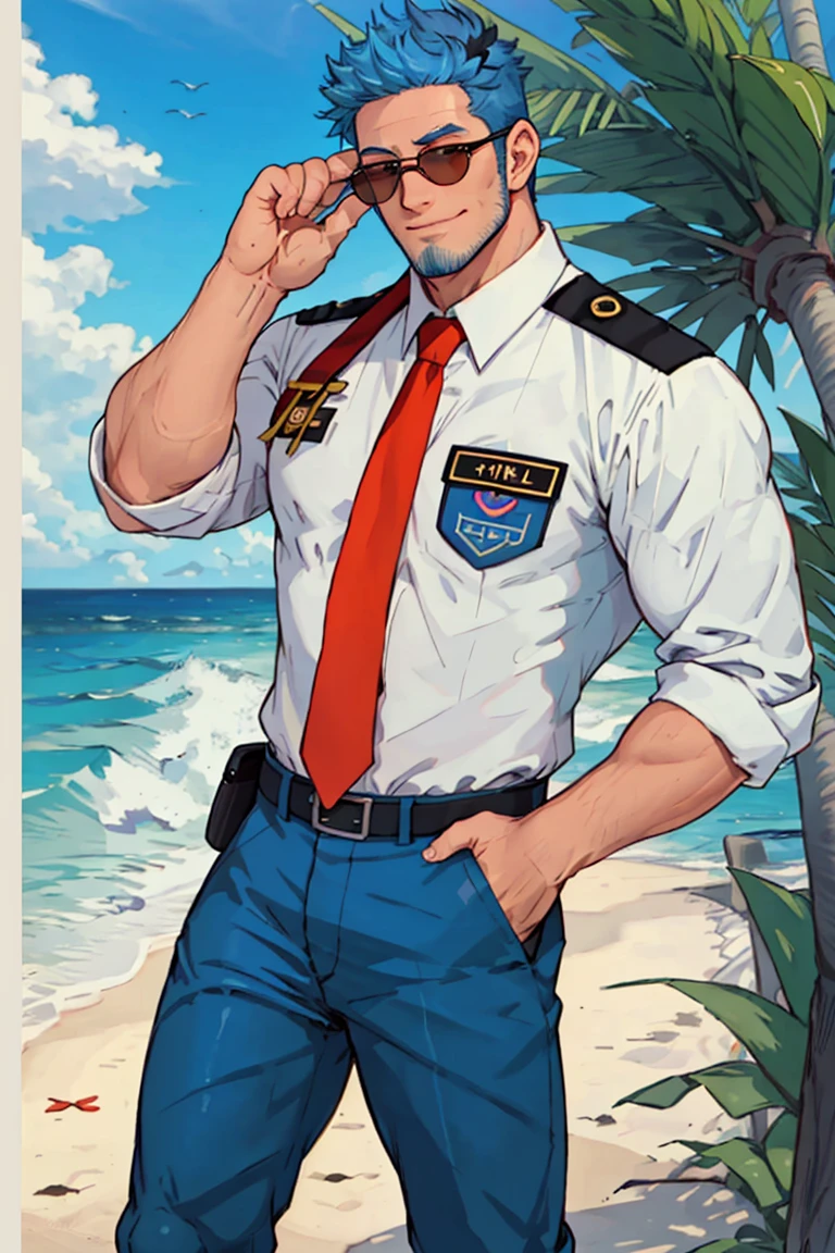 (1 image only),  solo male,  Wilbur,  Animal Crossing,  personification,  pure blue hair,  short hair,  black eyes,  blue facial hair,  jawline stubble,  aviation pilot uniform,  white collor shirt,  red necktie,  epaulette,  aviator sunglasses,  blue pants,  socks,  black footwear,  bandaid on nose,  mature,  dilf,  bara,  handsome,  charming,  alluring,  grin,  standing,  upper body,  hand in pocket,  perfect anatomy,  perfect proportions,  (best quality,  masterpiece),  (perfect eyes,  perfect eye pupil),  perfect hands,  high_resolution,  dutch angle,  cowboy shot,  seaside,  summer,<lora:EMS-297361-EMS:0.600000>