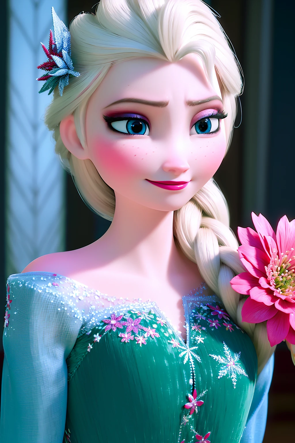 elsa \(frozen\), (Left corner of mouth raised:1.2),smirking expression,hospital corridor , looking at viewer,smirking,Elsa's Floral Dress,fever blush,upper body,braid, cold light,<lora:Frozen_elsa_V1_9clothes:1>,upper body, incredibly absurdres,ultra-detailed, wallpaper,realistic,photorealistic,raw photo,masterpiece,best quality,