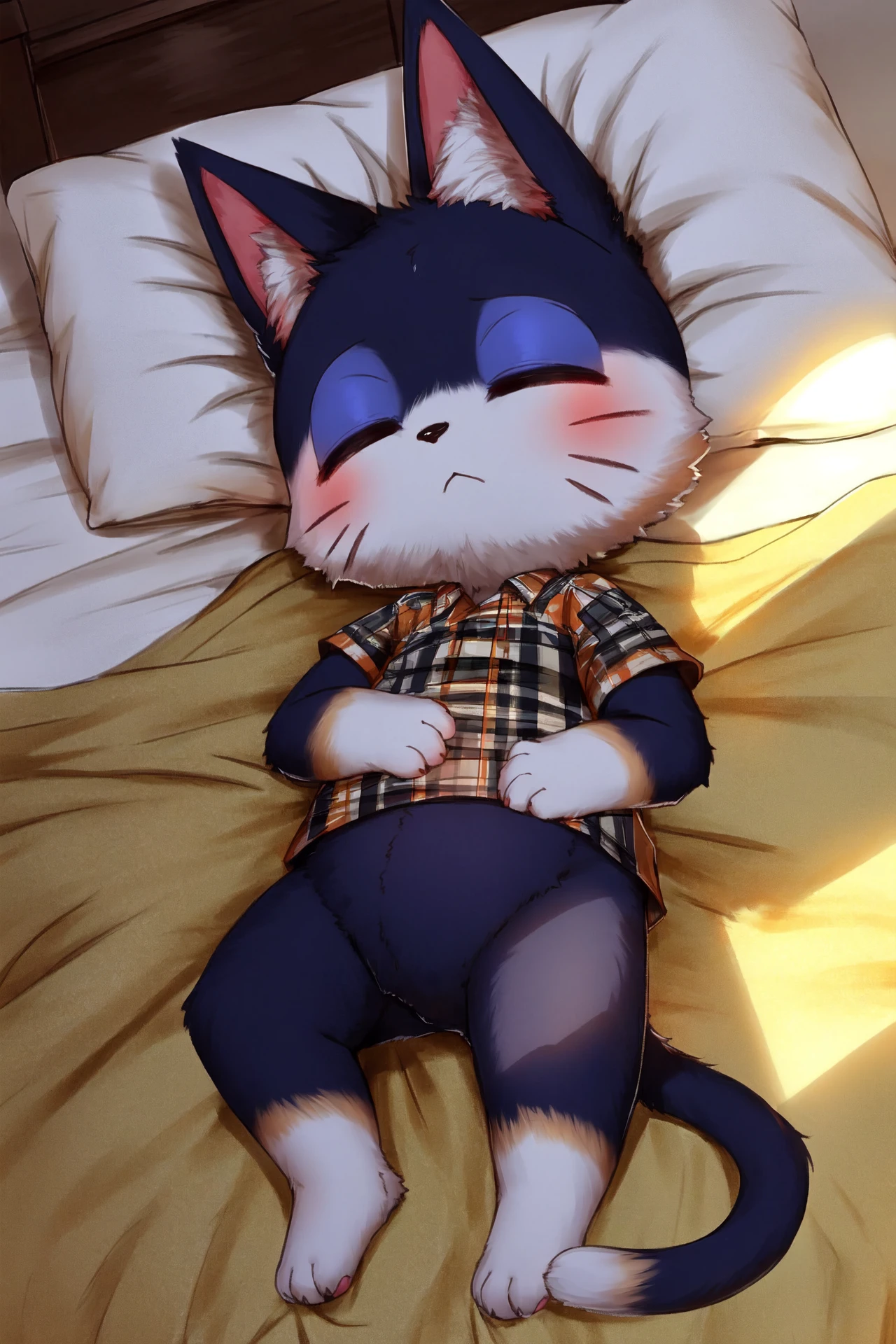 masterpiece, high quality, absurd res, by dagasi, digital painting \(artwork\), dutch angle, punchy, 1boy, solo, furry male, cat boy, tall body proportions, muscular, (detailed eyes:1.2), half-closed eyes, :3, smug, looking at viewer, full body, sitting up, straight-on, black fur, white fur, two tone fur, one hand up, hand on own chin, hand gripping bed, sitting on bed, cat ears, black eyes, yellow sclera, whiskers, no nose, plaid shirt, unbuttoned shirt, shirt falling off, short sleeves, tail, huge penis, testicles, erect, semen dripping, detailed background, bedroom, bed, night time, suggestive, sexy, inviting, (colorful, wide dynamic range, 8k hd, hdr:1.1)