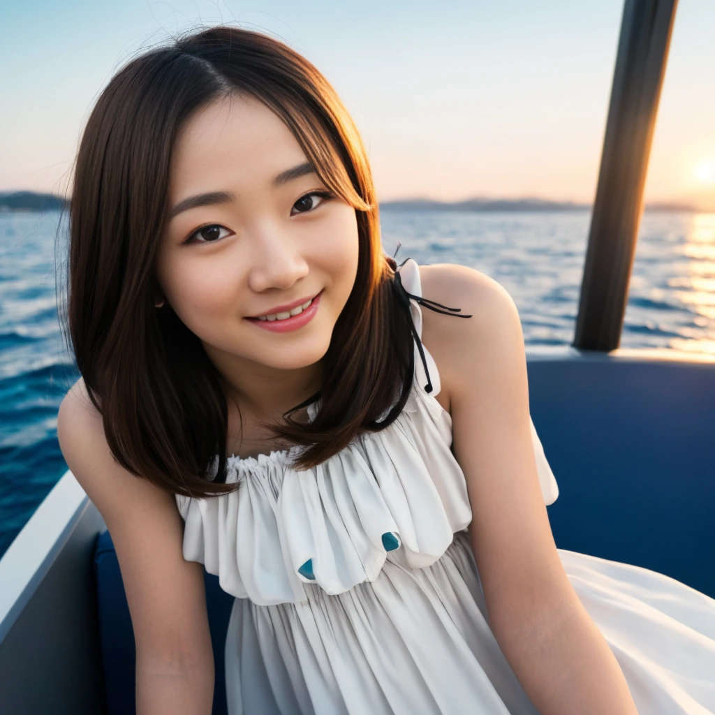 cinematic photo raw photo,perfect lighting,masterpiece,best quality, <lora:riccco_v1:0.8>, (riccco9:1.2),solo,1girl,perfect eyes,(long hair,brown hair,sweet petite woman:1.2),parted lips,highly detailed skin,(looking at viewer,smiling mischievously at viewer:1.3),(sun setting over the sea),on boat,upper body,(cute dress:1.3), 35mm photograph, film, professional, 4k, highly detailed
