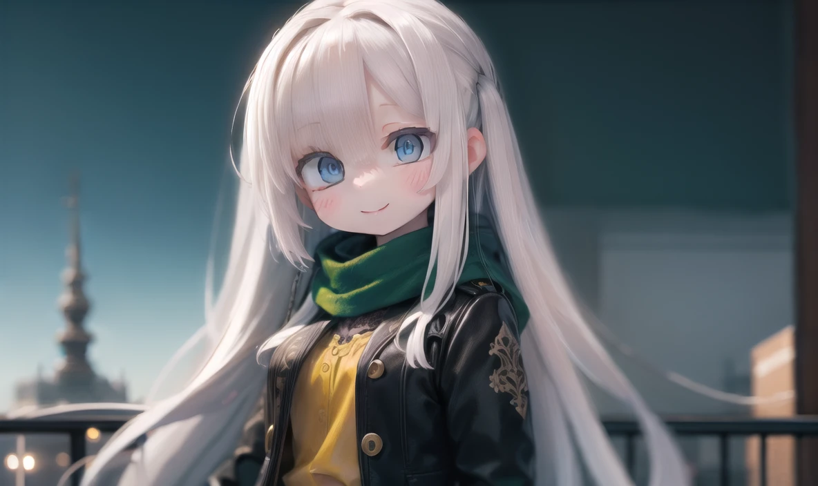 finely detail, Depth of field,best quality, illustration,highres,intricate detail, an extremely delicate and beautiful,
1girl,solo, , looking at viewer, happy, smile,
sin nombre,
blue eyes,white hair,longhair,(black jacket:1.05),open jacket,black sleeves,shirt, (yellow shirt:1.05),black skirt,(green scarf:1.15),
cityscape,
<lora:20240215-1707956057042-0004:0.5>