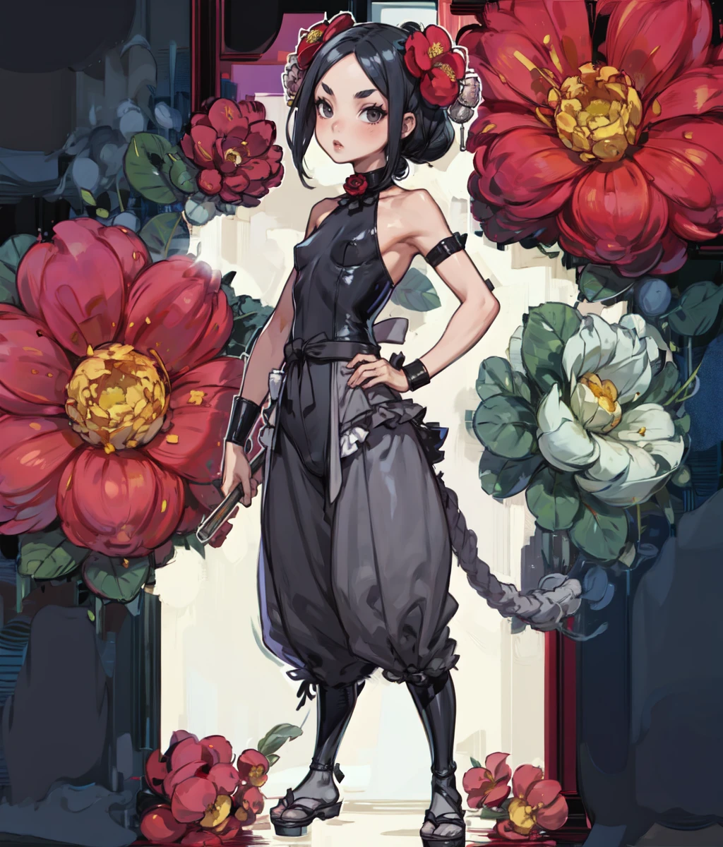 (masterpiece, best quality:1.2), 1girl, solo, black hair, low ponytail. long hair, black eyes, thick eyebrows, small breasts, black bodysuit, gray pants, japanese clothes, wristbands, japanese armor, tabi, sandals, head ornament, red flower chocker, bare arms, cowboy shot, outdoors, full body, victorian, london <lora:Chise SD:1>