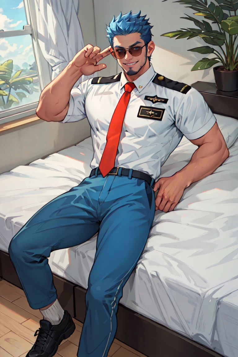 (1 image only),  solo male,  Wilbur,  Animal Crossing,  personification,  pure blue hair,  short hair,  black eyes,  blue facial hair,  jawline stubble,  aviation pilot uniform,  white collor shirt,  red necktie,  epaulette,  aviator sunglasses,  blue pants,  socks,  black footwear,  mature,  bara,  handsome,  charming,  alluring,  grin,  (complete laying on bed,  on back,  2 arm rised),  perfect anatomy,  perfect proportions,  (best quality,  masterpiece),  (perfect eyes,  perfect eye pupil),  perfect hands,  high_resolution,  indoor,  perfect light,<lora:EMS-297361-EMS:0.600000>