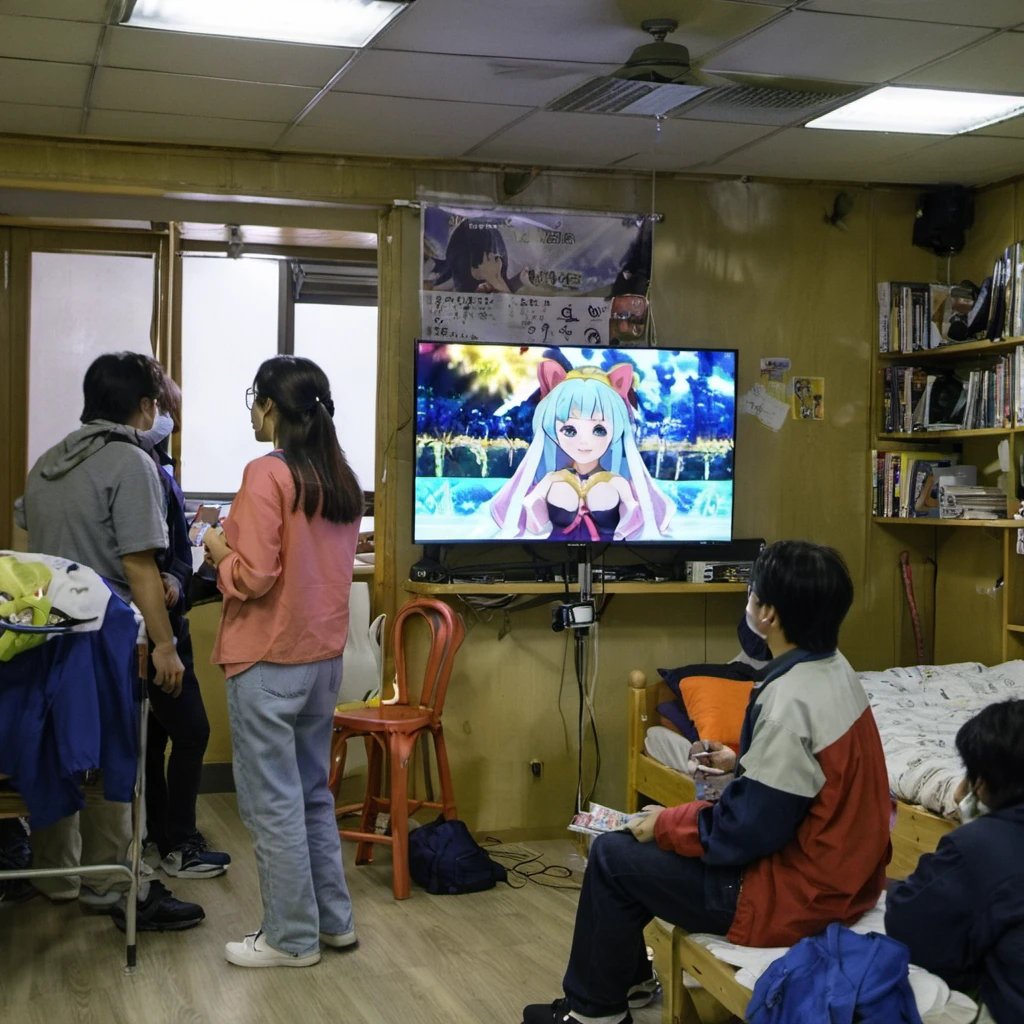 photo of two people watching a tv in a dorm an anime episode depicting a woman dancing <lora:boring-v2:1>