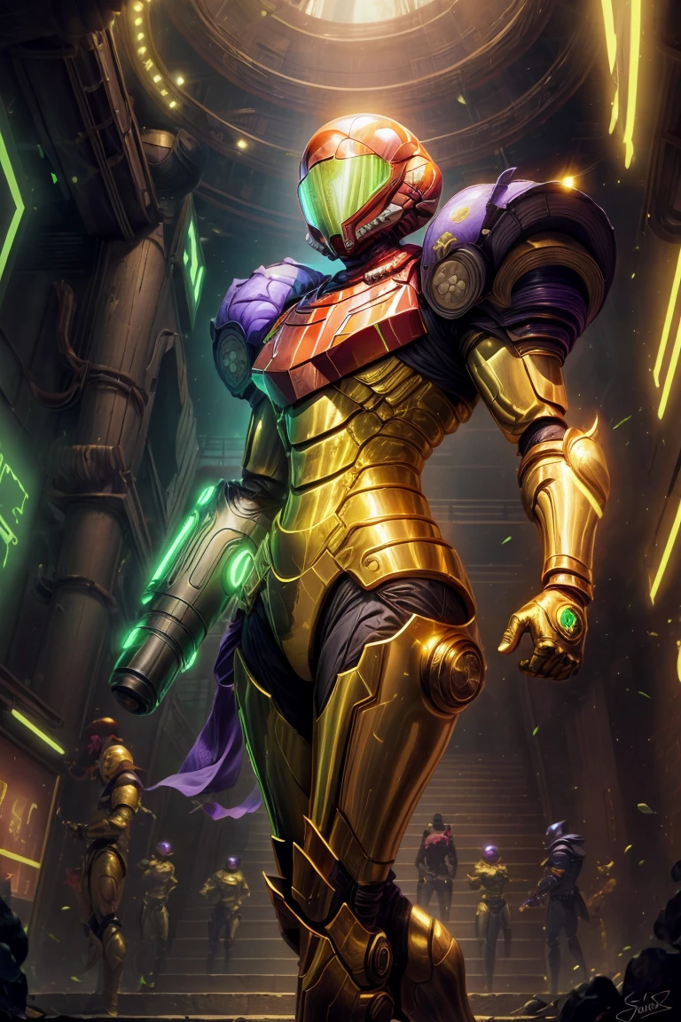 shiny metal,  <lora:more_details:0.7>, ((masterpiece,best quality)),  <lora:Samus_Varia_Suit:0.8>,  samus aran,  helmet,  <lora:Egyptian_Icons:0.5>, Egyptian_Icons, still life, gold, sparkle, golden outfit, iridescent gold, golden necklace, golden anklets, golden bracelets, golden belt, golden chain decoration, (purple armor:1.2), science fiction, varia suit, arm cannon, aura, glowing, neon trim,   solo, cowboy shot,  (pyramid, outside, futuristic, city background:1.1),