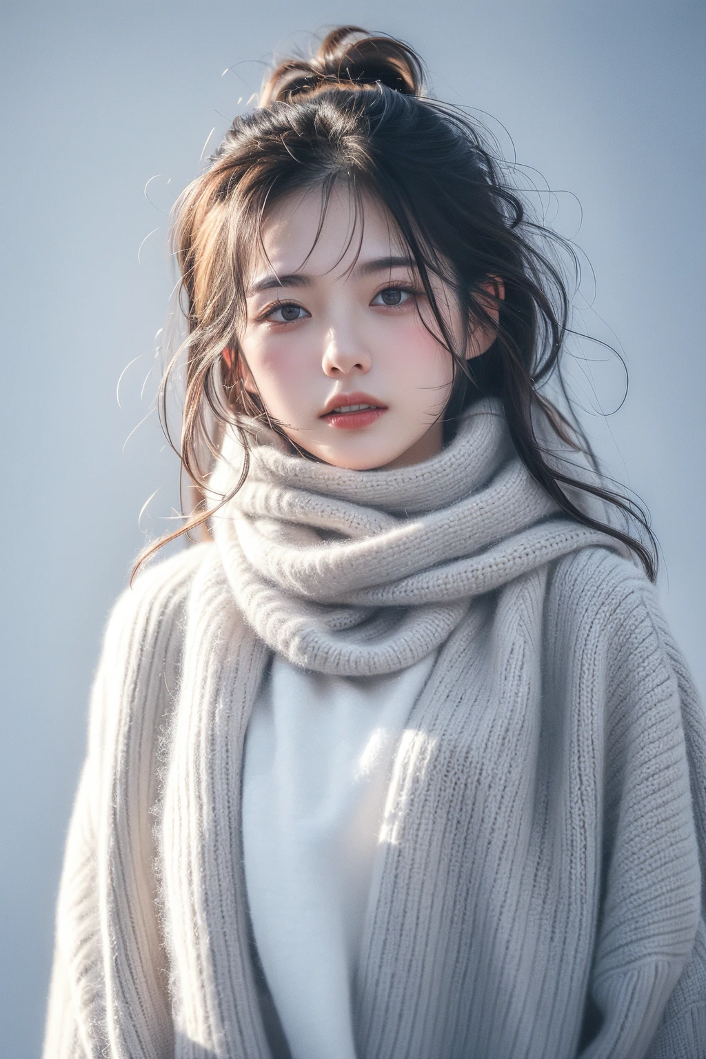 The image features a woman with long,curly hair,relaxed,wearing a white shirt and a scarf. She is looking at the camera,giving off a warm and friendly vibe. The woman's hair is blowing in the wind,adding a sense of movement and liveliness to the scene. The combination of her outfit,the scarf,and the windy conditions creates a visually appealing and dynamic image.  High fashion,pure gray background,dynamic,dramatic,elegant,<lora:è¸æ±½_æ¾å¼æ:1>,