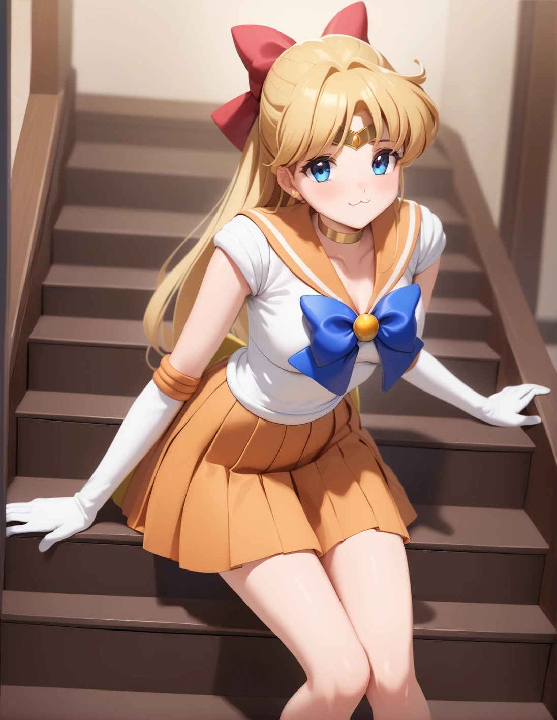best quality, ultra-detailed, ,1girl, solo,<lora:sdxl-sailor-venus-v3:1>, sailorvenus, xnormaluniformx, choker,blonde hair, hair bow , gloves, pleated orange skirt, relaxed posture, elbows extended, standing, knees ,,, <lora:ALTXL_001_4:2>, :3, BREAK sat on a staircase