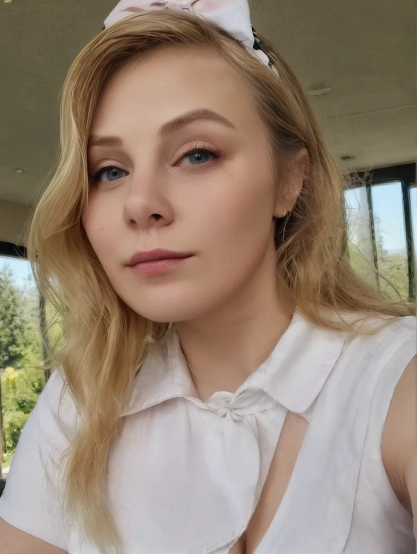 a beautiful picture of sydsnap, detailed skin texture,masterpiece, face focus, photorealistic, woman, 4k, HDR, backlighting, bloom, light, RAW color photo,(fully in frame:1.1), (blush:0.5), (goosebumps:0.5), <lora:sydsnap:1>,blonde,wearing a maid outfit