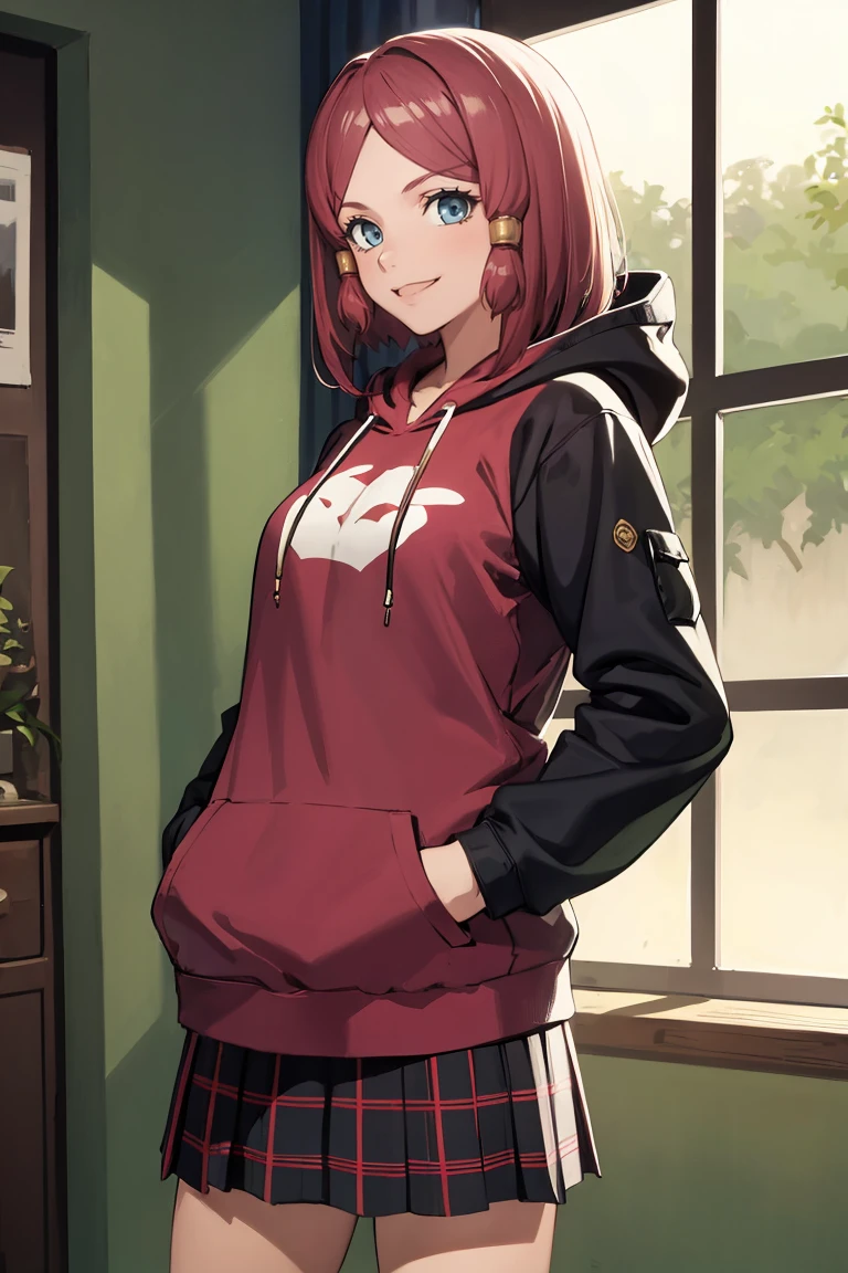 masterpiece, best quality, absurdres, RoseTales, short hair, hair tubes, indoors, plaid skirt, hoodie, smile, hands in pockets, <lora:CHAR-RoseTales:1>