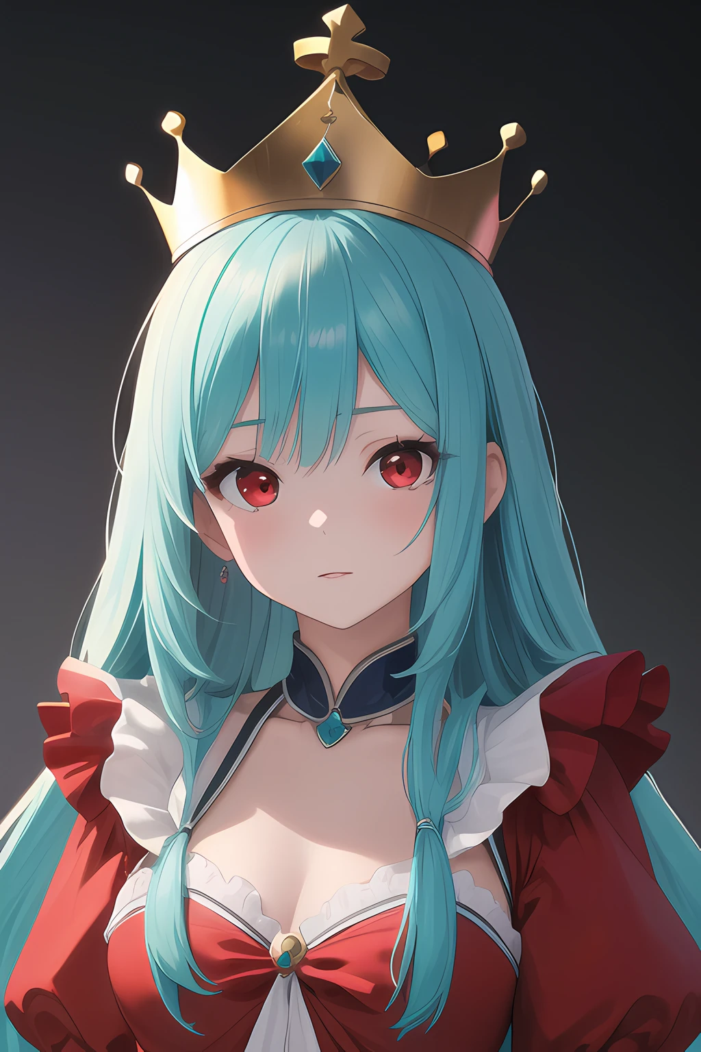 (masterpiece, best quality, high quality, highres, ultra-detailed),1girl,aqua hair,long hair,straight hair, red eyes, crown, looking at viewer,