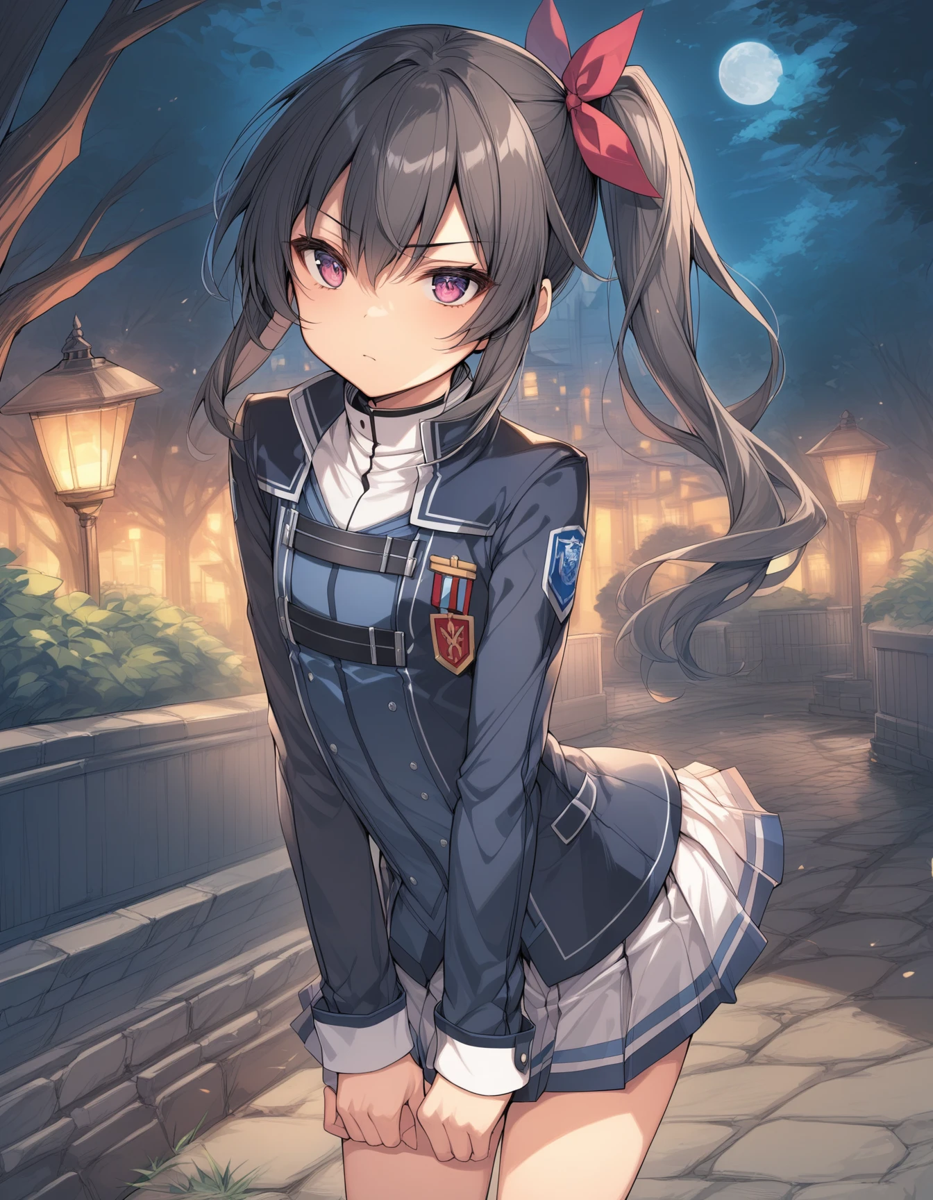1girl,(solo),
side ponytail hair,
hair bow,
sidelocks,
black hair,
burgundy color eyes,
(flat chest:1.1),
<lora:toruzu_bunko_uniform_A3_XL_V1_1-000012:0.8>
toruzu_bunko_uniform,school uniform,miniskirt,pleated skirt,white skirt,
BREAK
<lora:sdxl-boldline:-1>,
<lora:sdxl2-flat2-512b:-1>,
cowboy shot,
midnight,
serious,
Leaning on an invisible countertop,
BREAK
park, trees,
masterpiece, best quality,