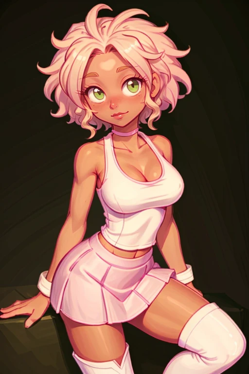 1girl, blonde hair, tan skin, white tank top, pink skirt, knee high boots, curly hair, green eyes, <lora:LCM_SD15:1.0>
