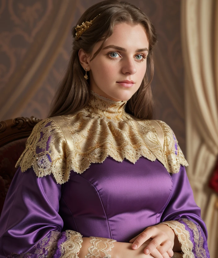 r0x1 , Ultra-HD-details, close portrait photo, ((Salon of the 800, gold, background)), detailed eyes, Spectacular light, 8k, soft lighting, high quality, 1800s dress, lace and lace, Turtleneck, Shirt, purple cloak