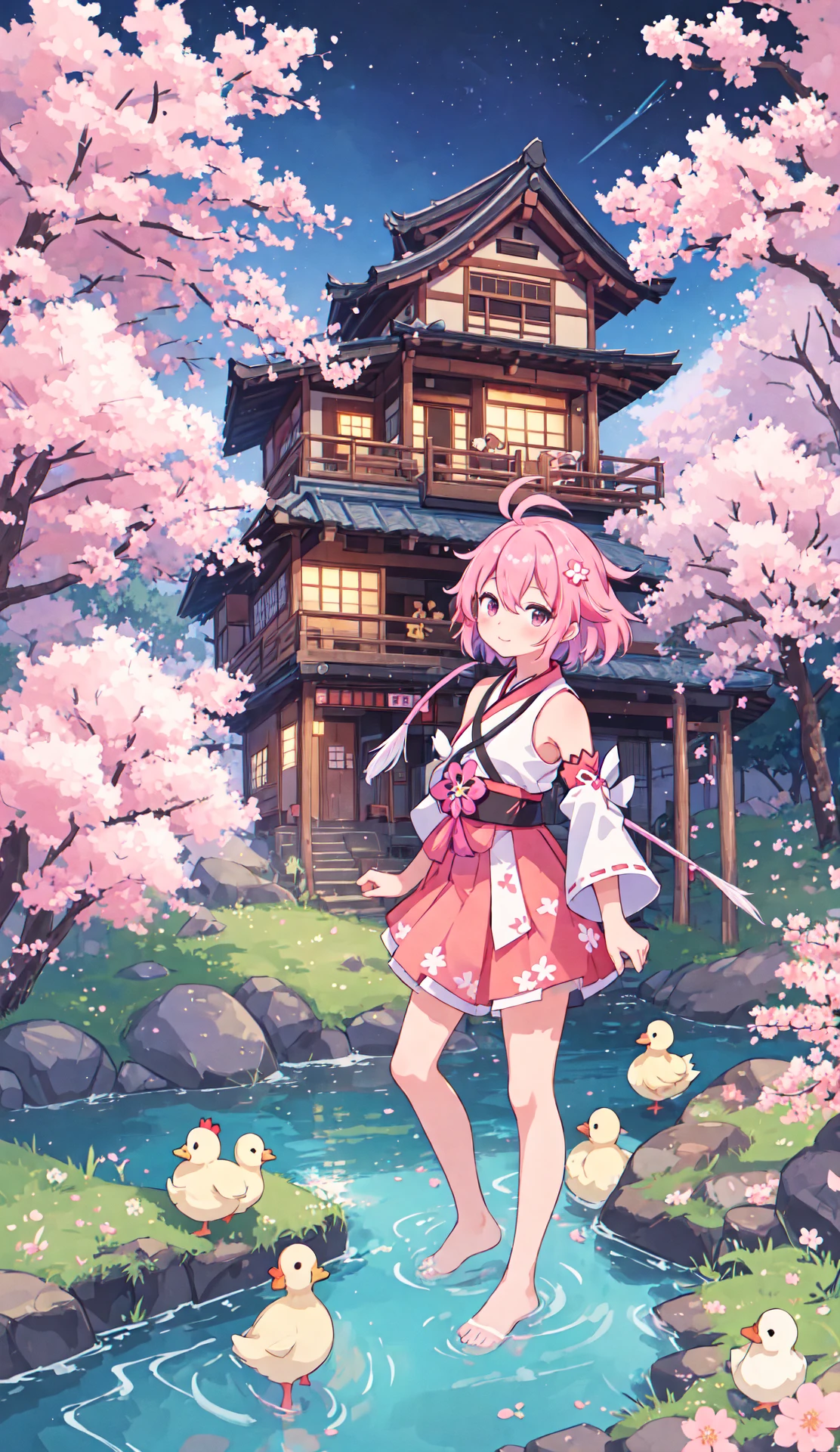 (masterpiece,best quality,highres,colorful,1girl,solo:1.2),izakaya,hut,sakura,town,city,village,night,nature,forest,stream,chicken,duck,short hair,ahoge,(detached sleeves,miko,skirt),looking at viewer,