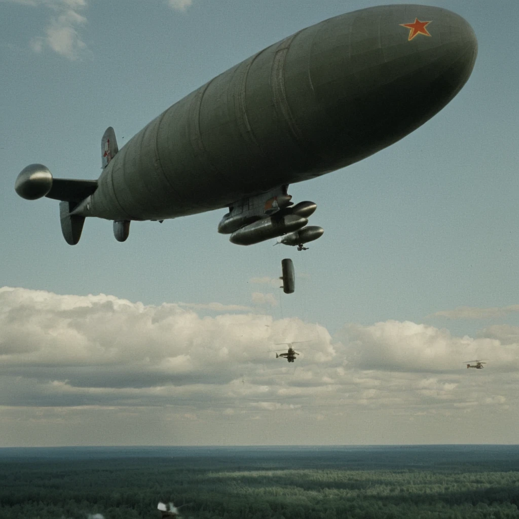 cinematic film still of  <lora:Command and Conquer style v2:1>
Union of Soviet Socialist Republics,Soviet,a large kirov flying through a cloudy sky Soviet Forces,Soviet Army,Soviet Troops,Soviet Military,Kirov airship,sky,cloud,military,no humans,flying,aircraft,airplane,battle,vehicle focus,explosive,world war ii,bomb,propeller , Command & Conquer, Red Alert style, Command and Conquer style, cold war, shallow depth of field, vignette, highly detailed, high budget, bokeh, cinemascope, moody, epic, gorgeous, film grain, grainy