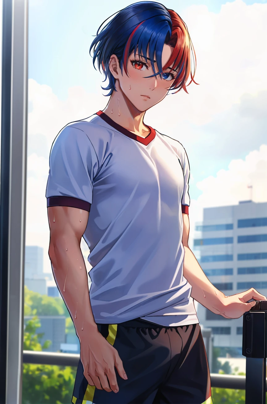 masterpiece, 1boy, cowboy shot, looking at viewer, sweat, <lora:AlearMFE-bsinky-v1:0.8> defAlearM, heterochromia, split-color hair, blue shirt, short sleeves, shorts, gym