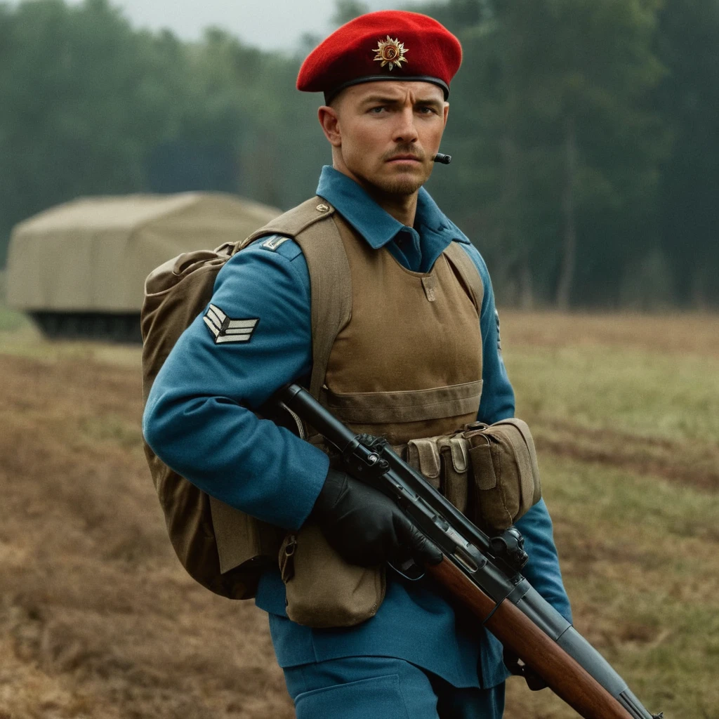 cinematic film still of <lora:Command and Conquer style v2:1>
Allies,USA,a sniper man in uniform holding a rifle Allied Forces,Allied Army,Allied Troops,Allied Military,solo,simple background,long sleeves,1boy,hat,white background,holding,closed mouth,standing,jacket,full body,weapon,male focus,boots,belt,pants,bag,black footwear,holding weapon,uniform,from side,gun,military,military uniform,profile,beret,backpack,holding gun,rifle,blue headwear,pouch,brown pants,soldier , Command & Conquer, Red Alert style, Command and Conquer style, cold war, shallow depth of field, vignette, highly detailed, high budget, bokeh, cinemascope, moody, epic, gorgeous, film grain, grainy