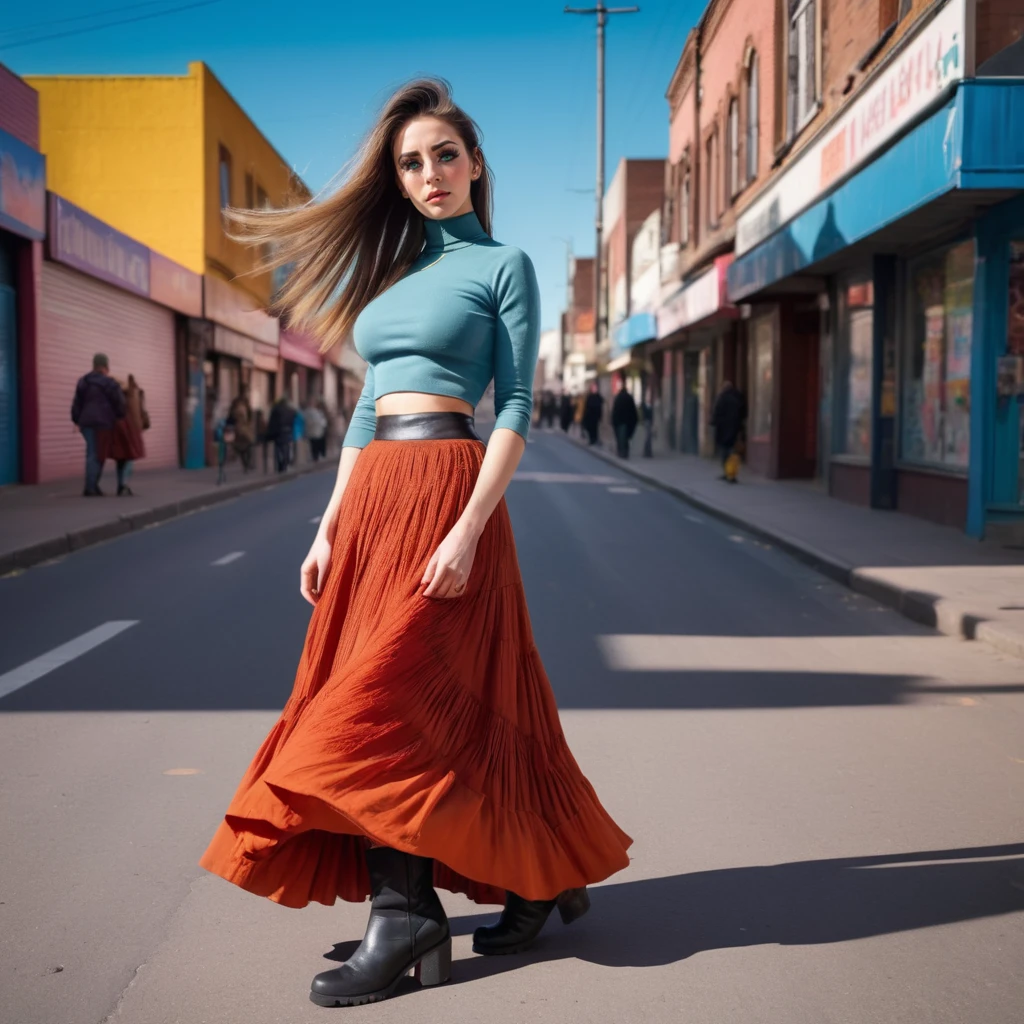 Cinematic photograph. Woman wearing a long skirt and top and boots with extremely long eyelashes. Vivid colour. Extremely interesting street scene with clear sky. <lora:eyelashes:1>