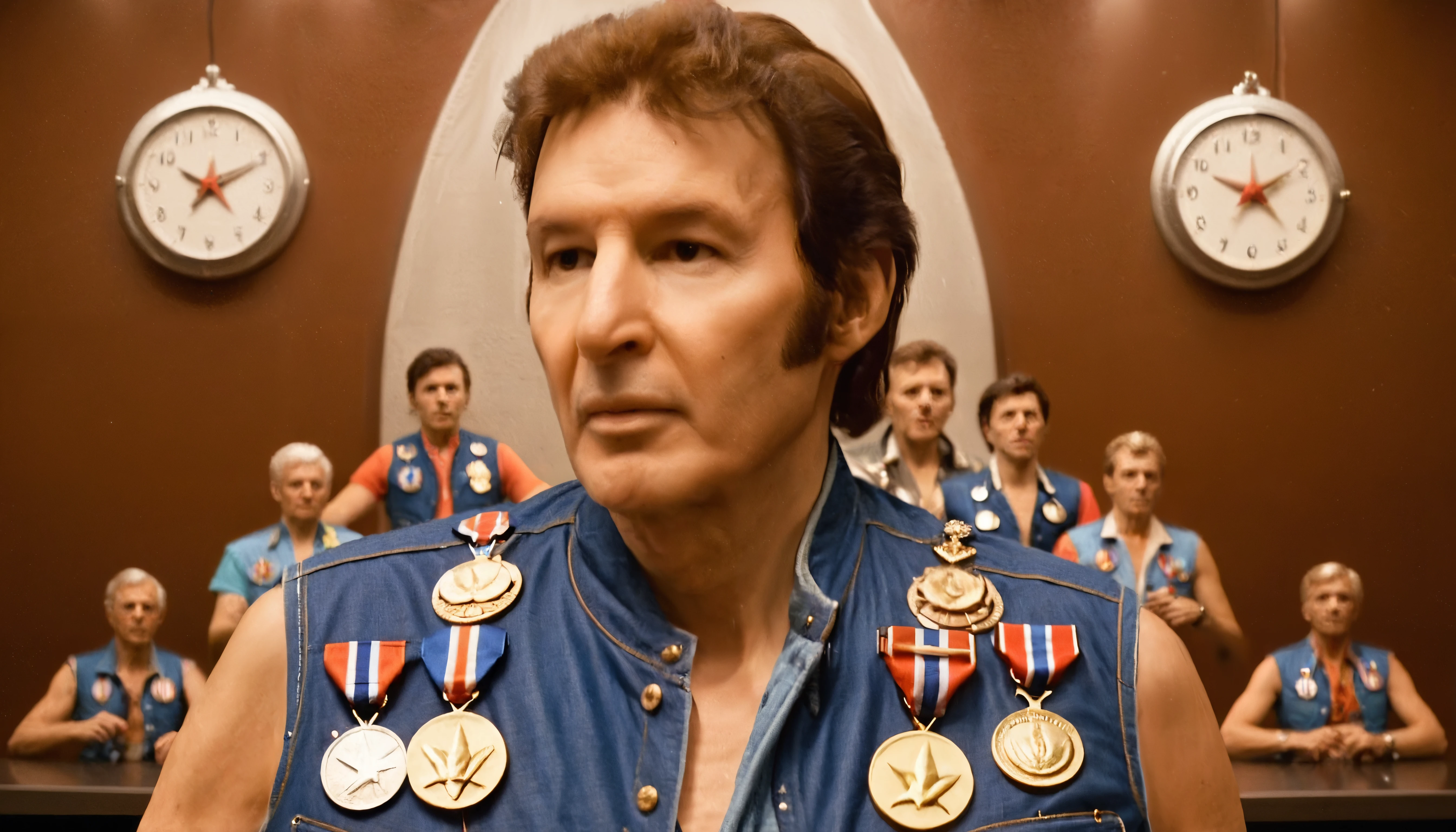 cinematic still retro-futuristic <lora:NBreeniusX:0.8> a man in a denim vest with many medals on it lecturing us all as he manipulates time and space with ease, high resolution, detailed face, vintage sci-fi, 50s and 60s style, atomic age, vibrant, highly detailed . emotional, harmonious, vignette, highly detailed, high budget, bokeh, cinemascope, moody, epic, gorgeous, film grain, grainy